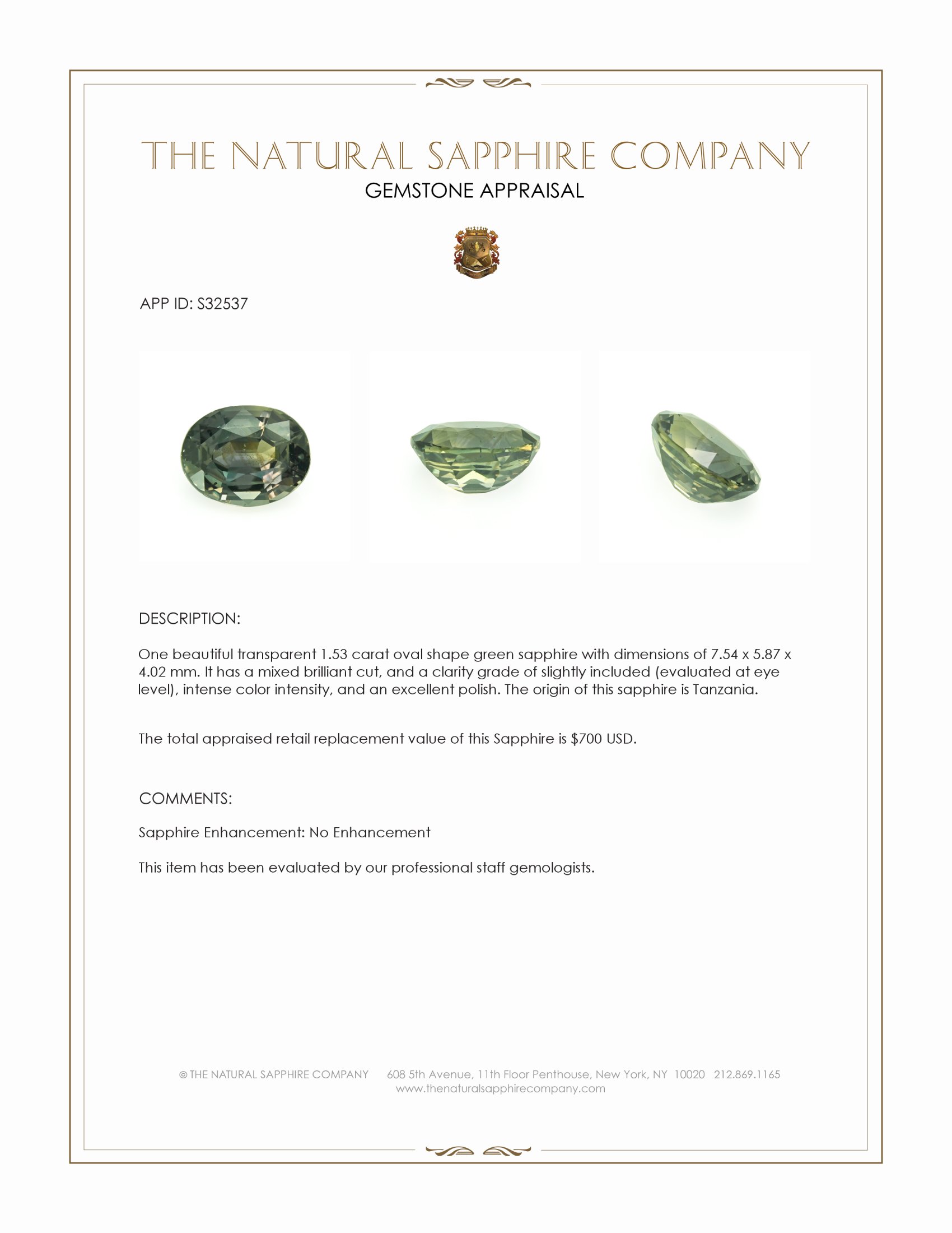 1.53 Ct. Green Sapphire from Tanzania