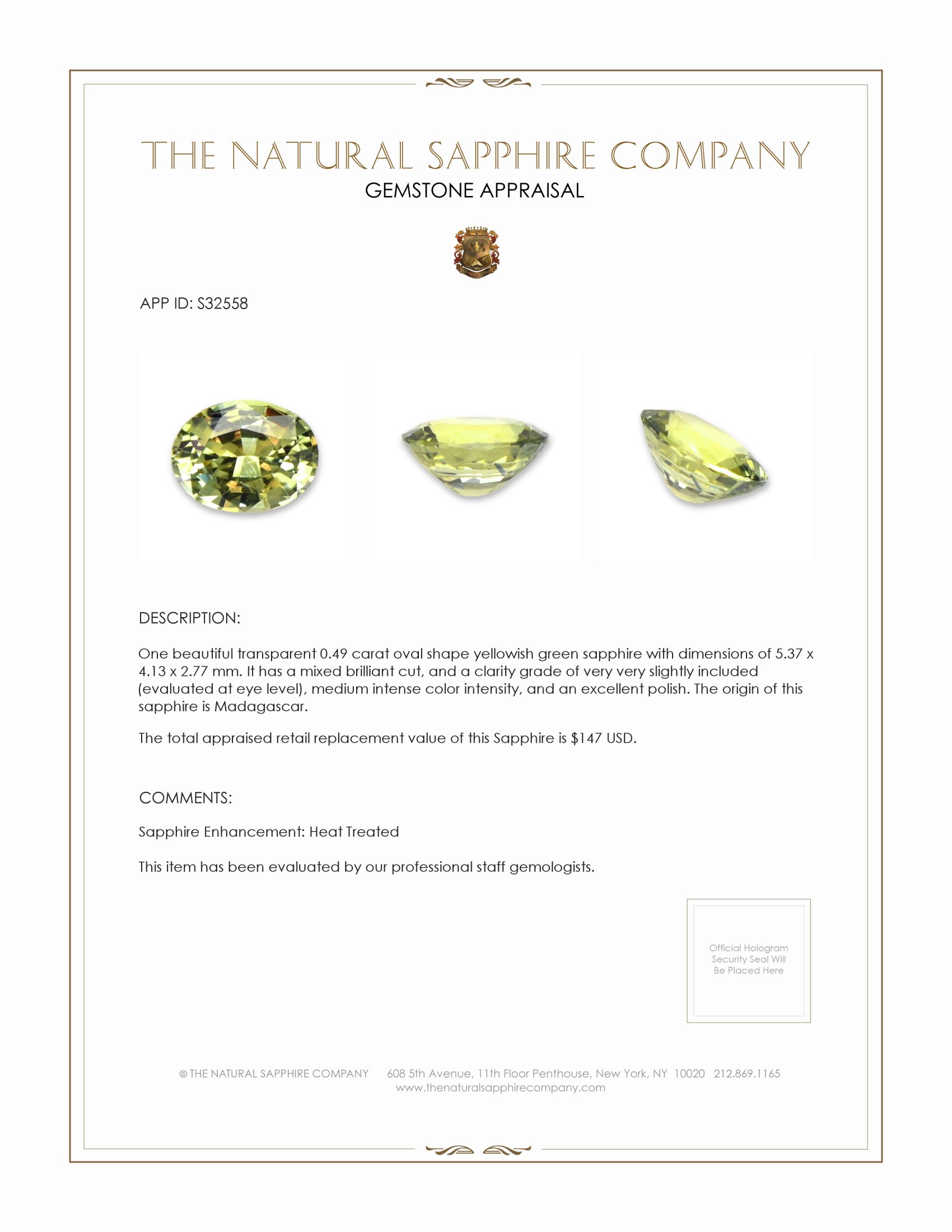 0.49 Ct. Yellowish Green Sapphire from Madagascar