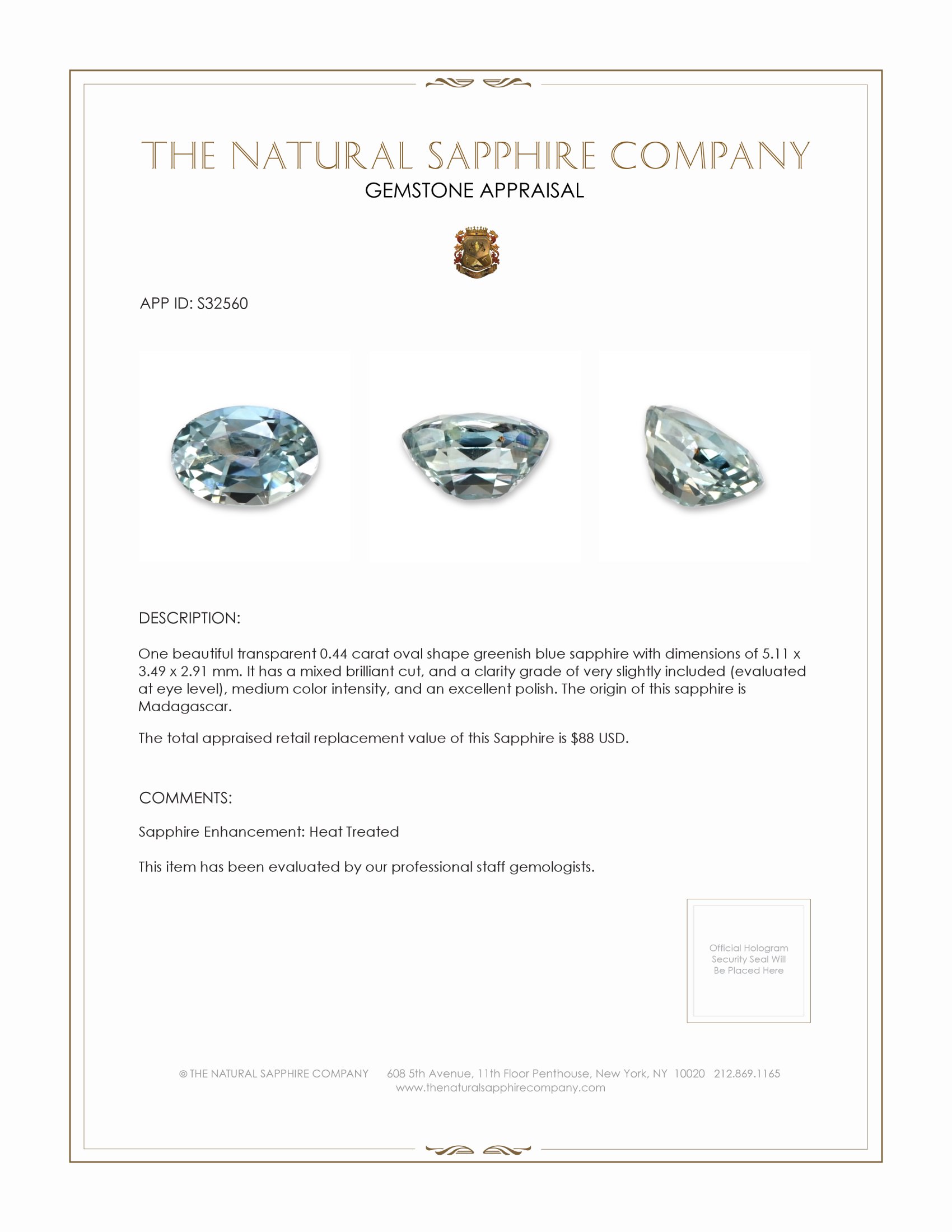 0.44 Ct. Greenish Blue Sapphire from Madagascar