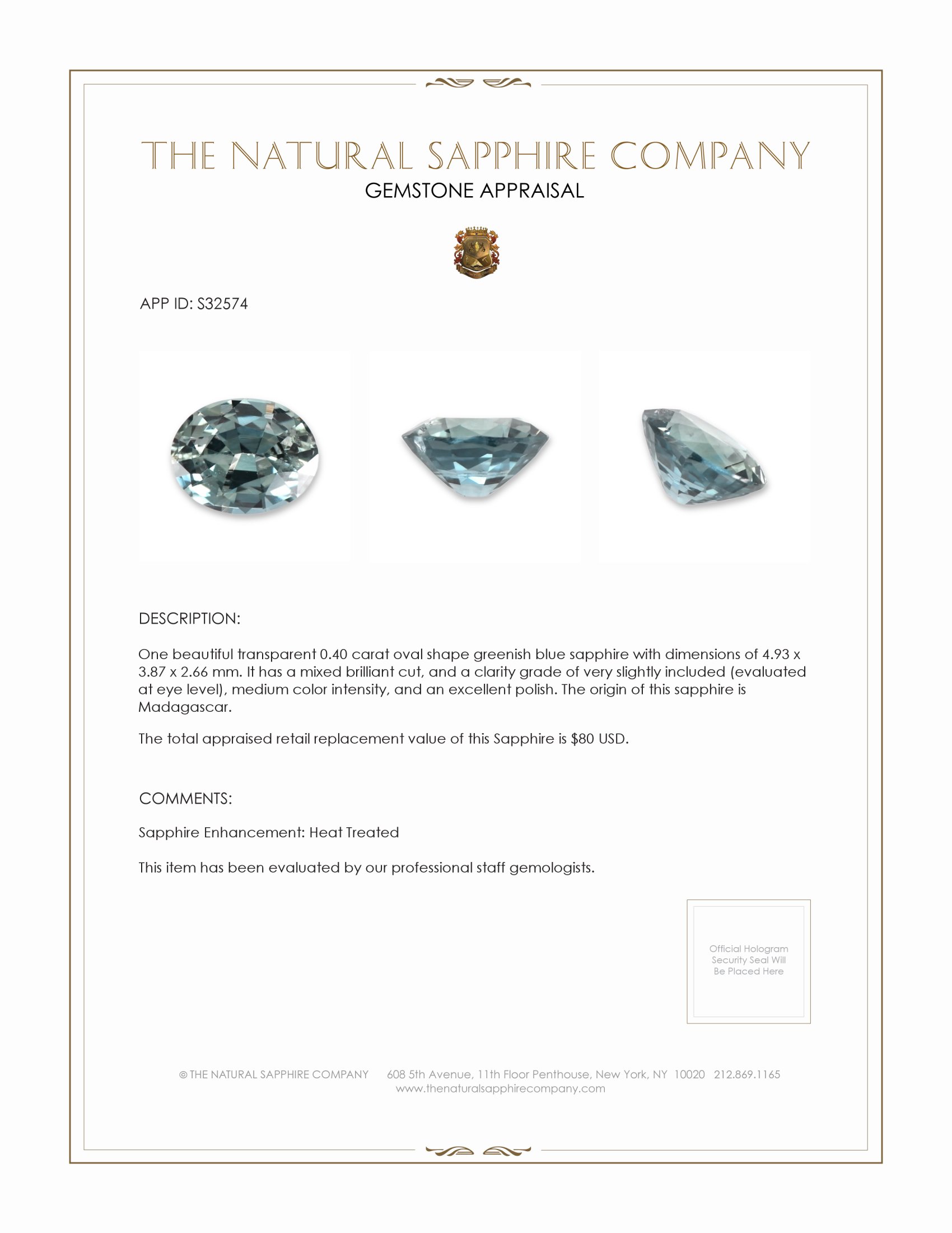 0.40 Ct. Greenish Blue Sapphire from Madagascar
