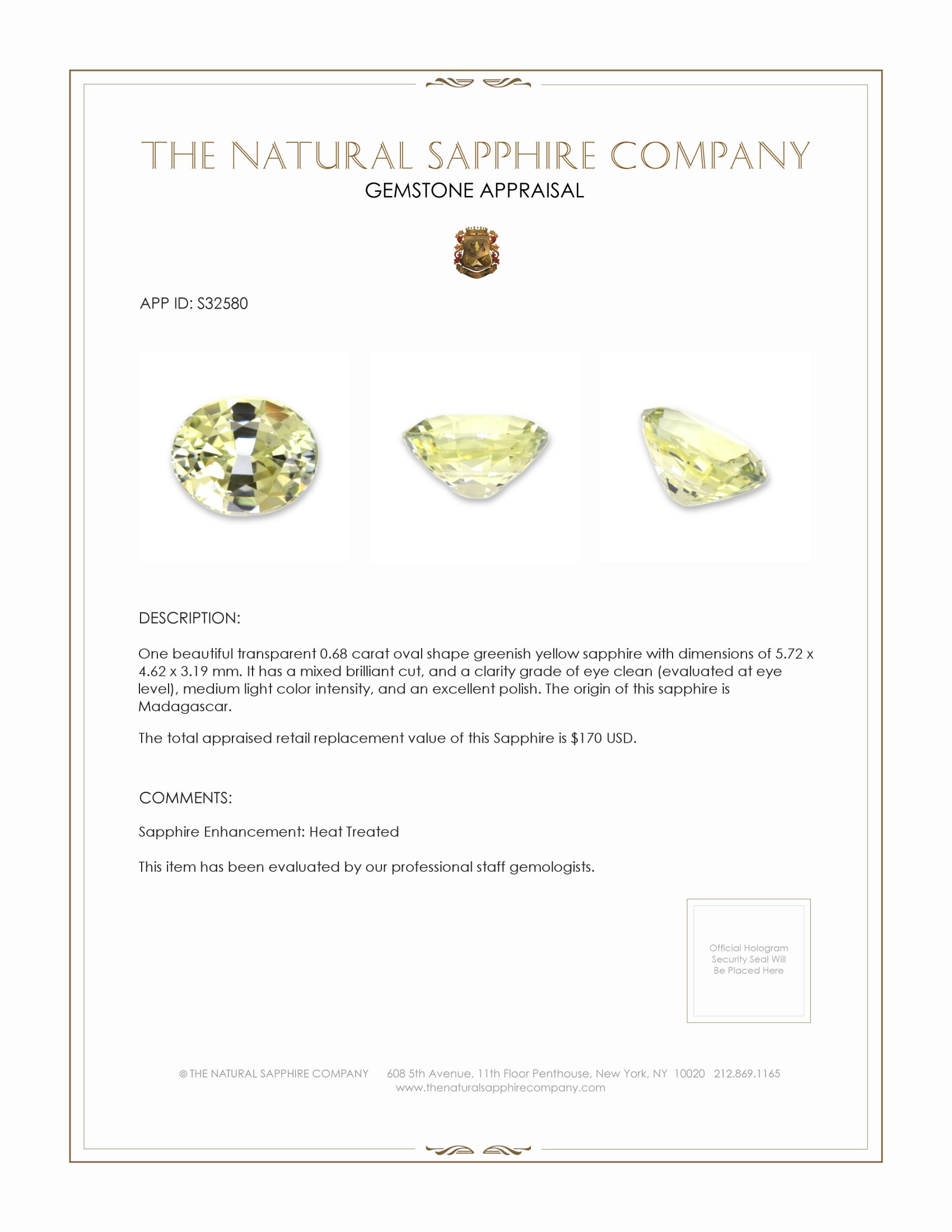 0.68 Ct. Greenish Yellow Sapphire from Madagascar