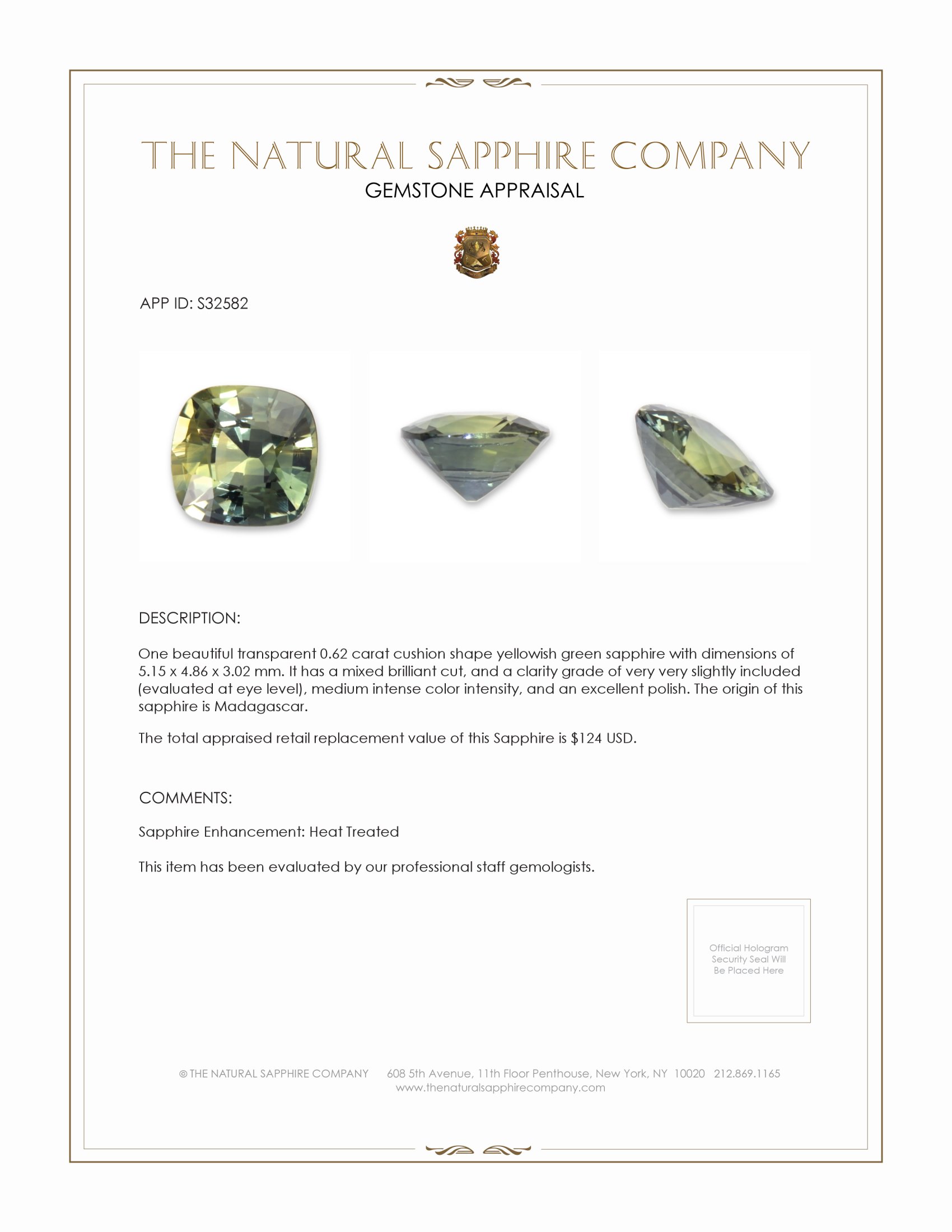 0.62 Ct. Yellowish Green Sapphire from Madagascar