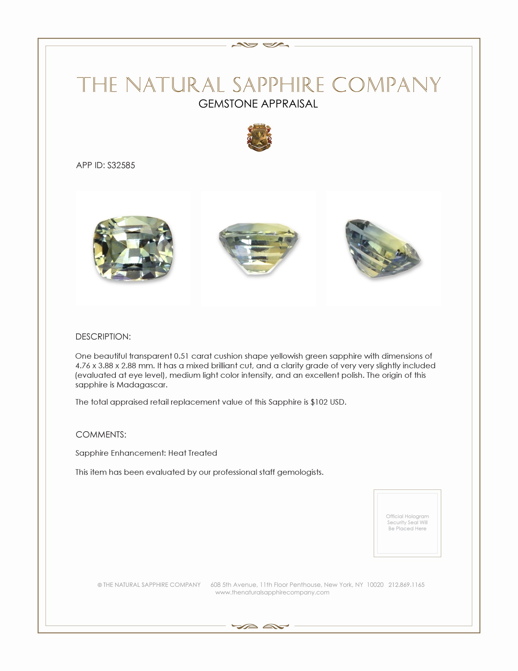 0.51 Ct. Yellowish Green Sapphire from Madagascar