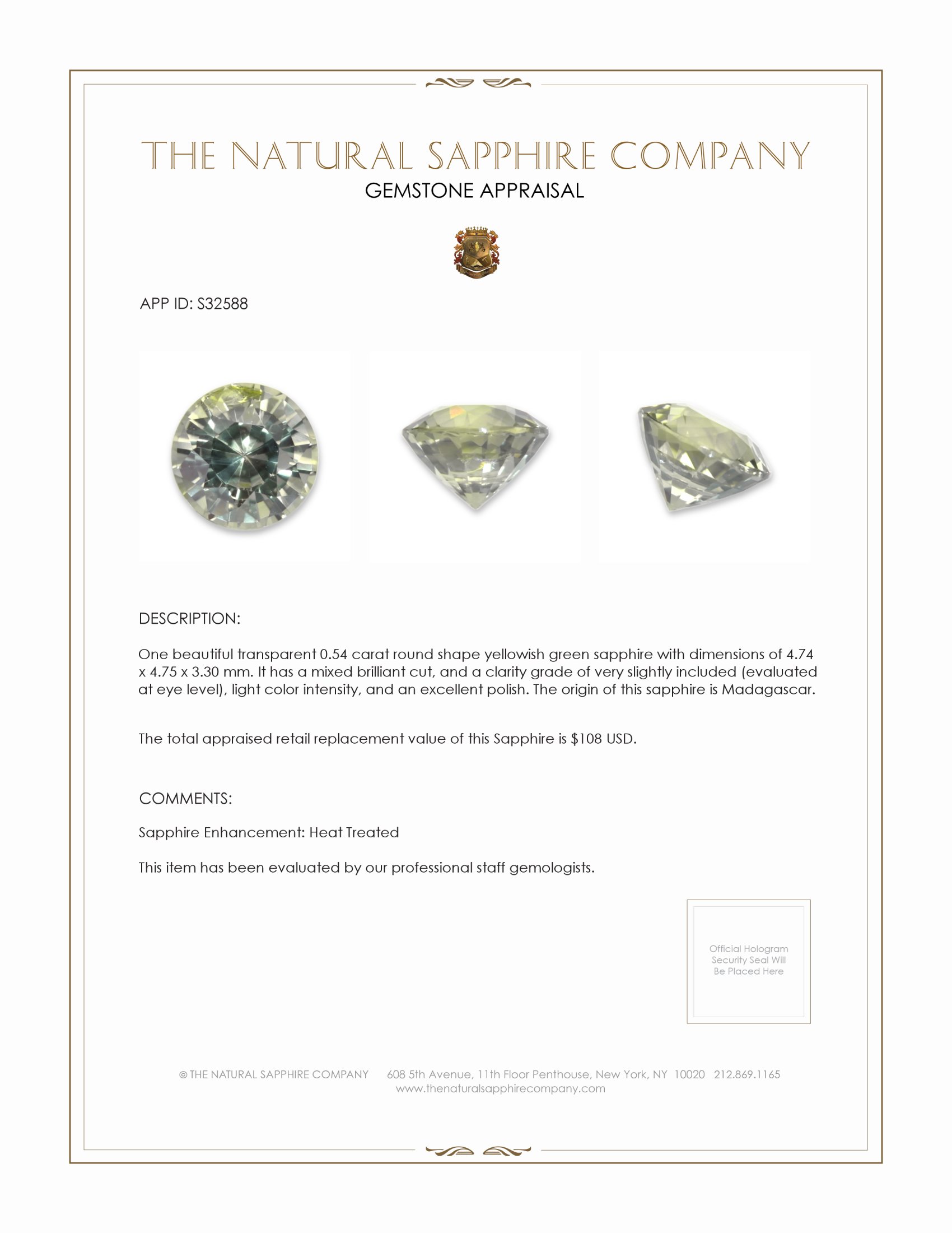 0.54 Ct. Yellowish Green Sapphire from Madagascar