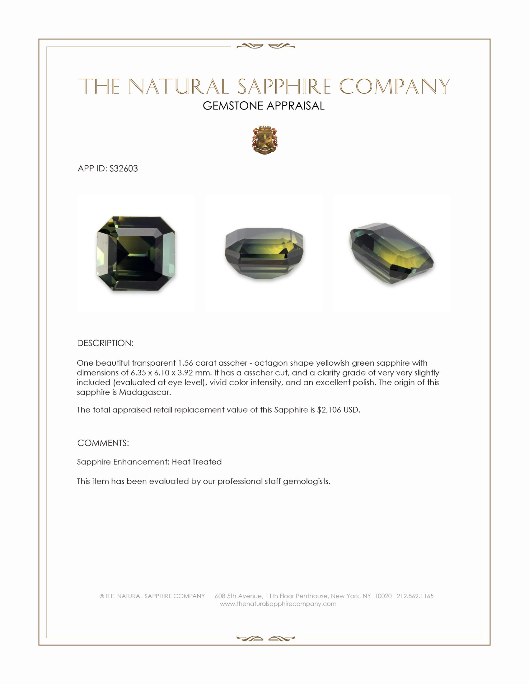 1.56 Ct. Yellowish Green Sapphire from Madagascar