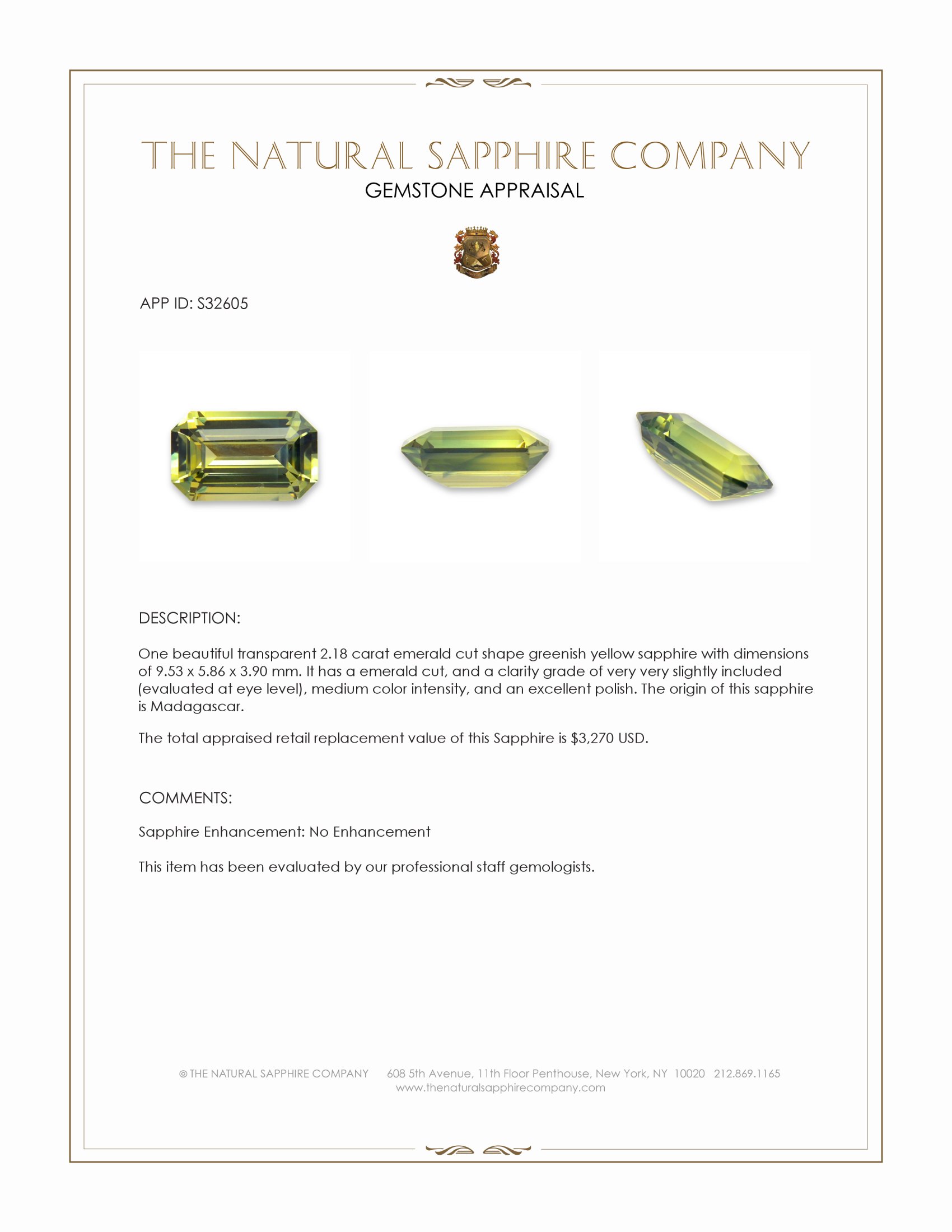 2.18 Ct. Greenish Yellow Sapphire from Madagascar
