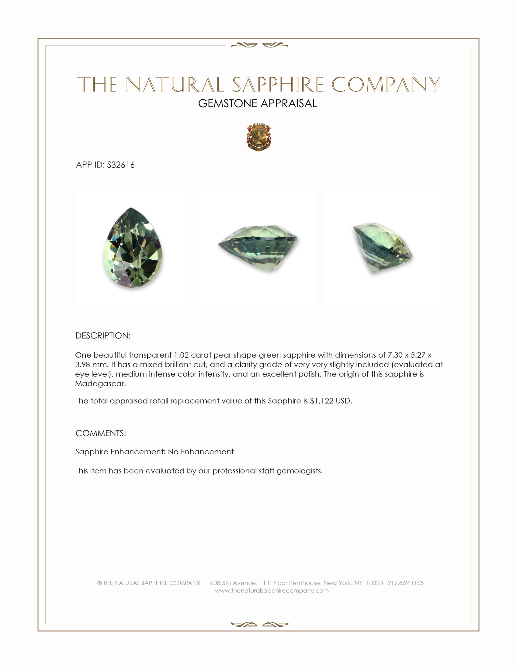 1.02 Ct. Green Sapphire from Madagascar