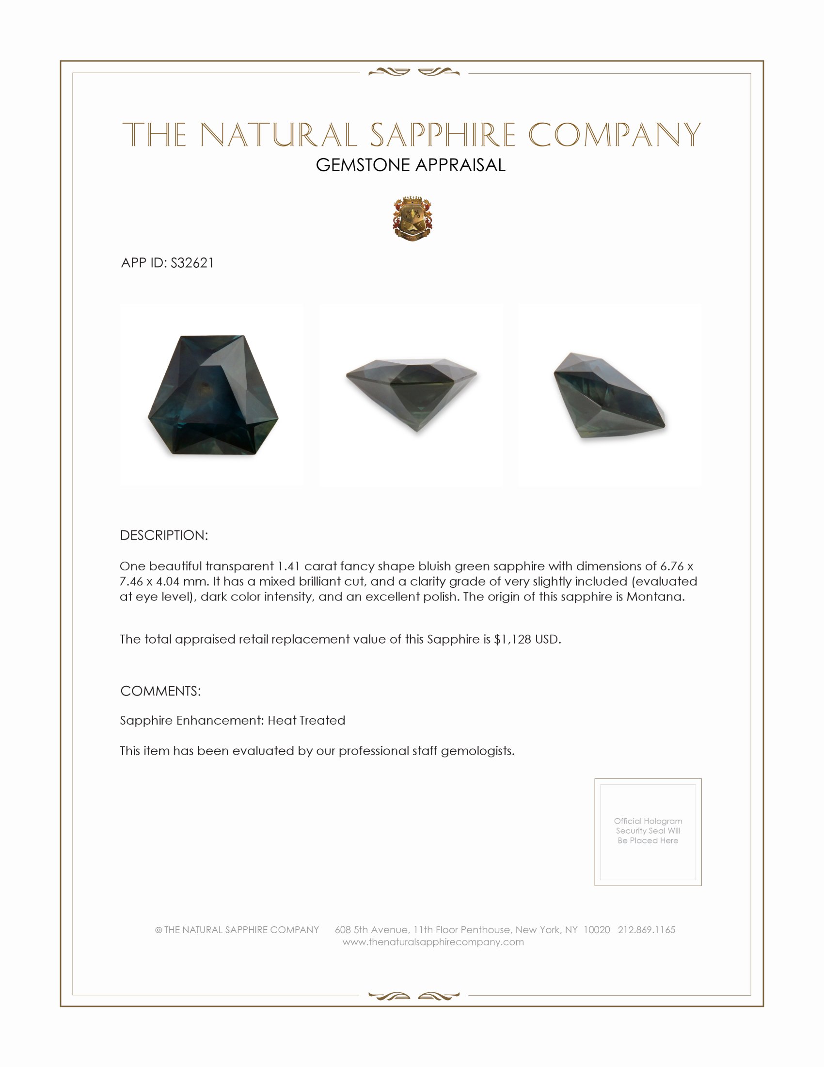 1.41 Ct. Bluish Green Sapphire from Montana