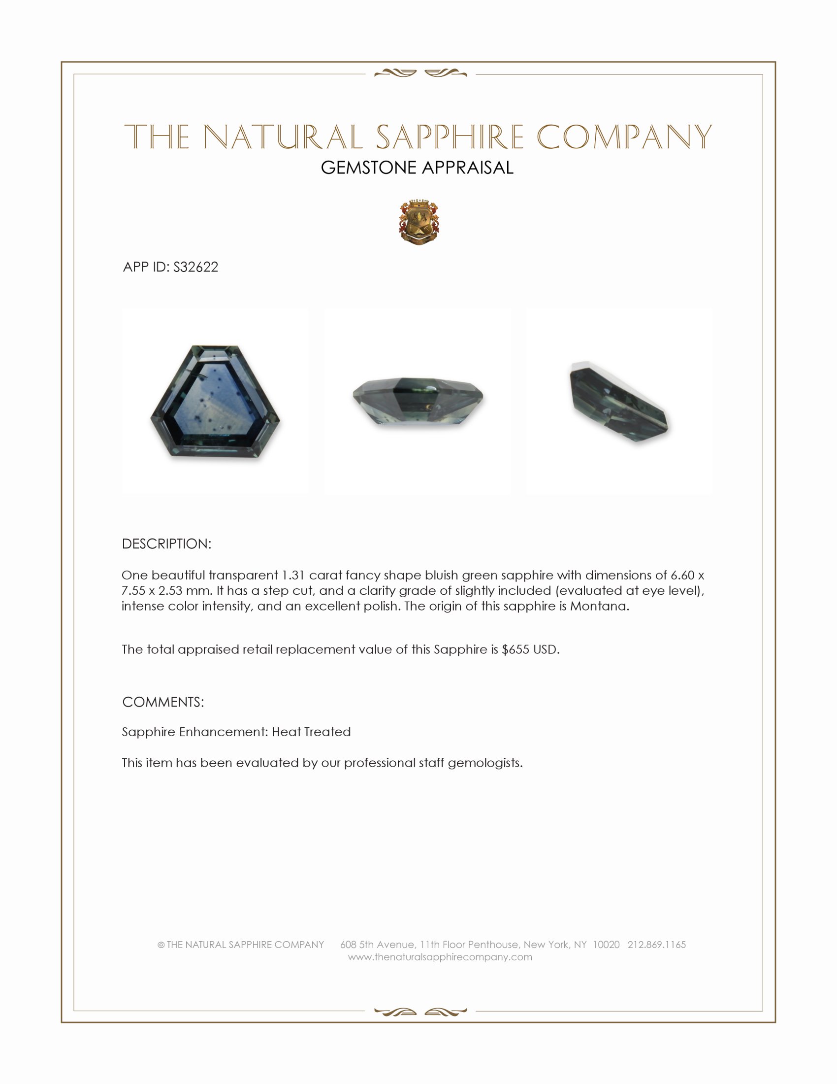 1.31 Ct. Bluish Green Sapphire from Montana