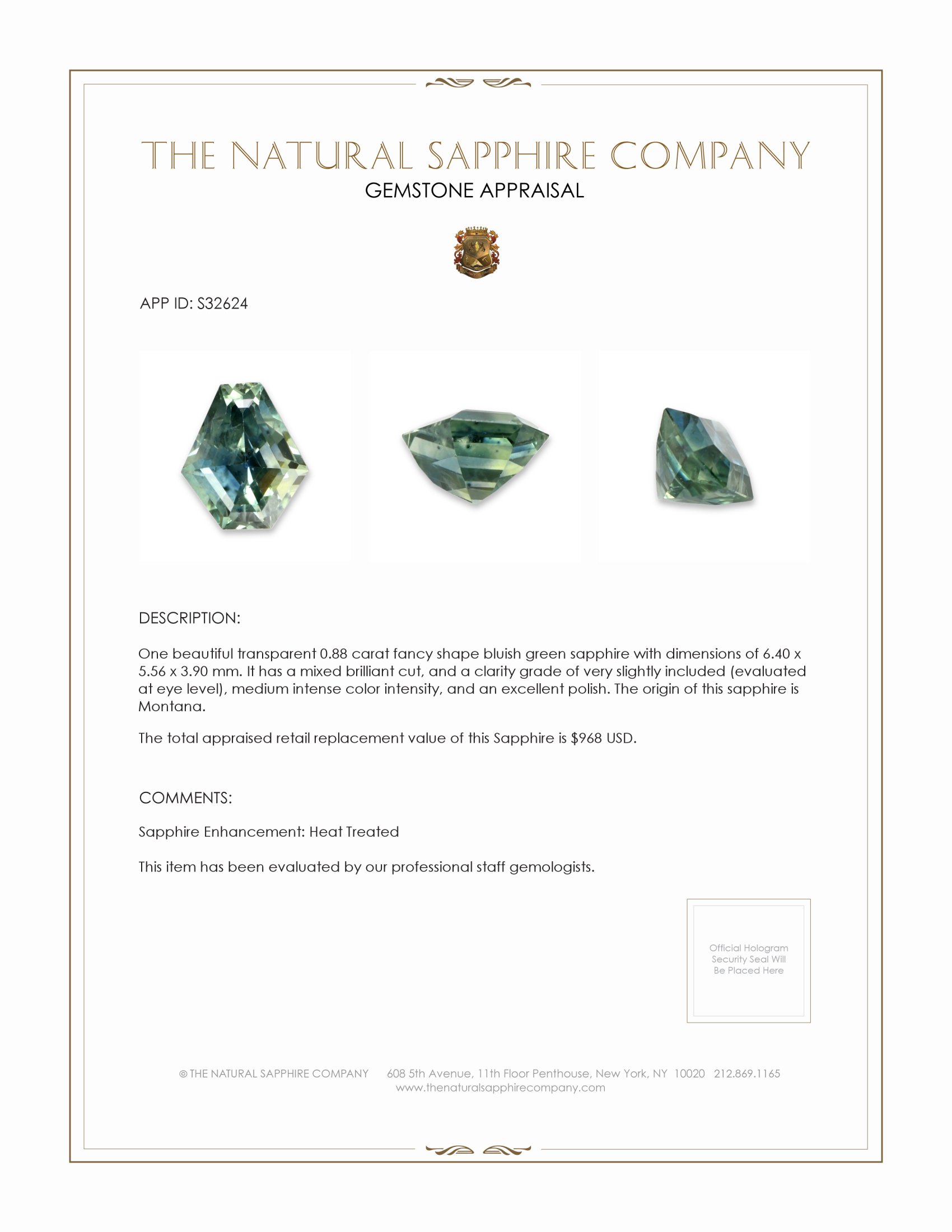 0.88 Ct. Bluish Green Sapphire from Montana