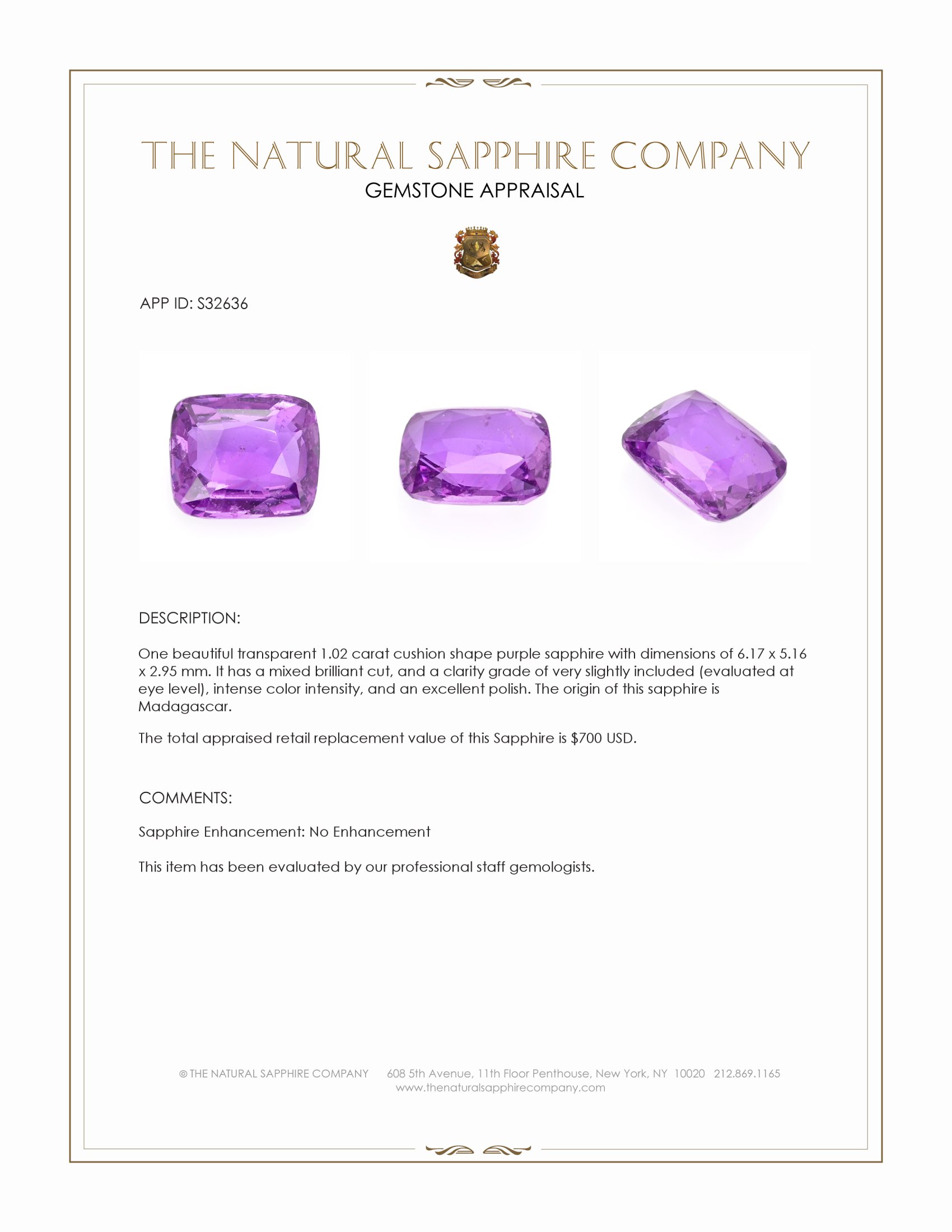 1.02 Ct. Purple Sapphire from Madagascar