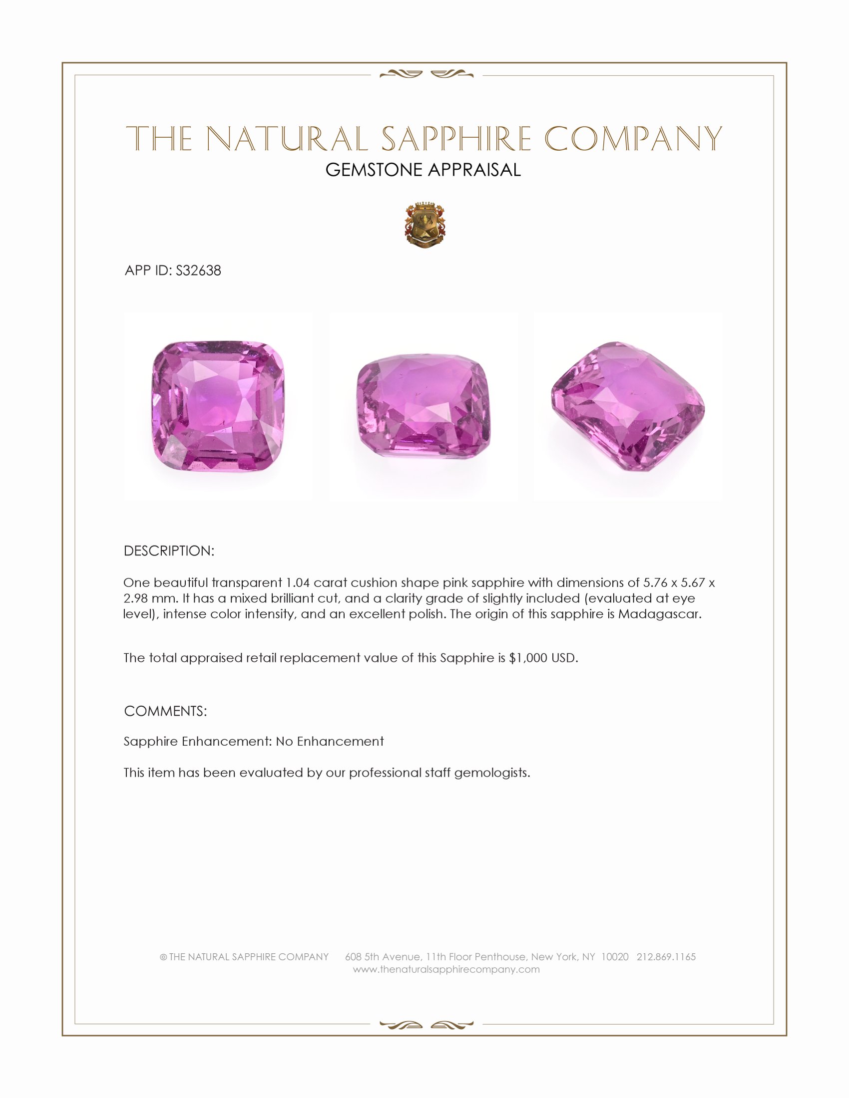 1.04 Ct. Pink Sapphire from Madagascar