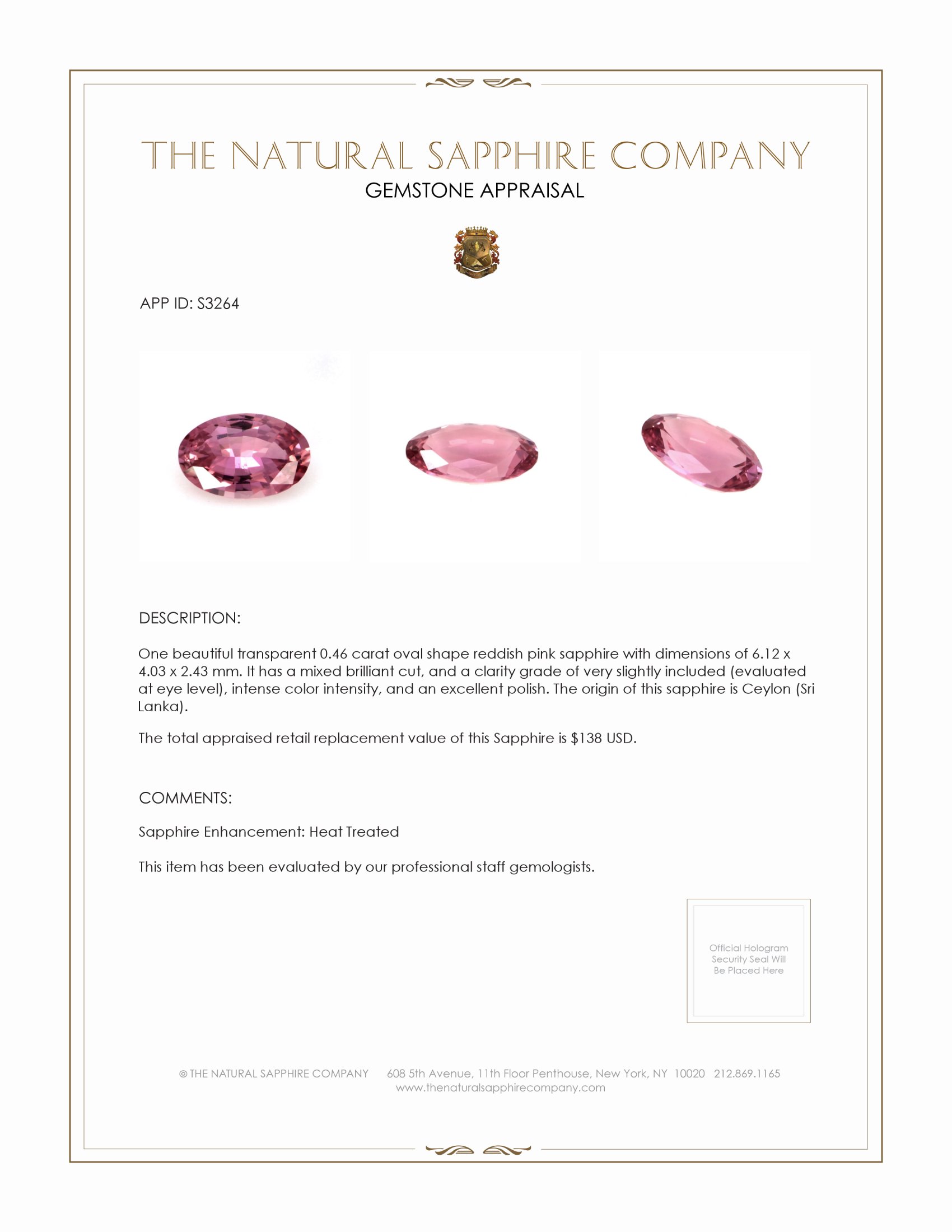 0.46 Ct. Reddish Pink Sapphire from Ceylon (Sri Lanka)