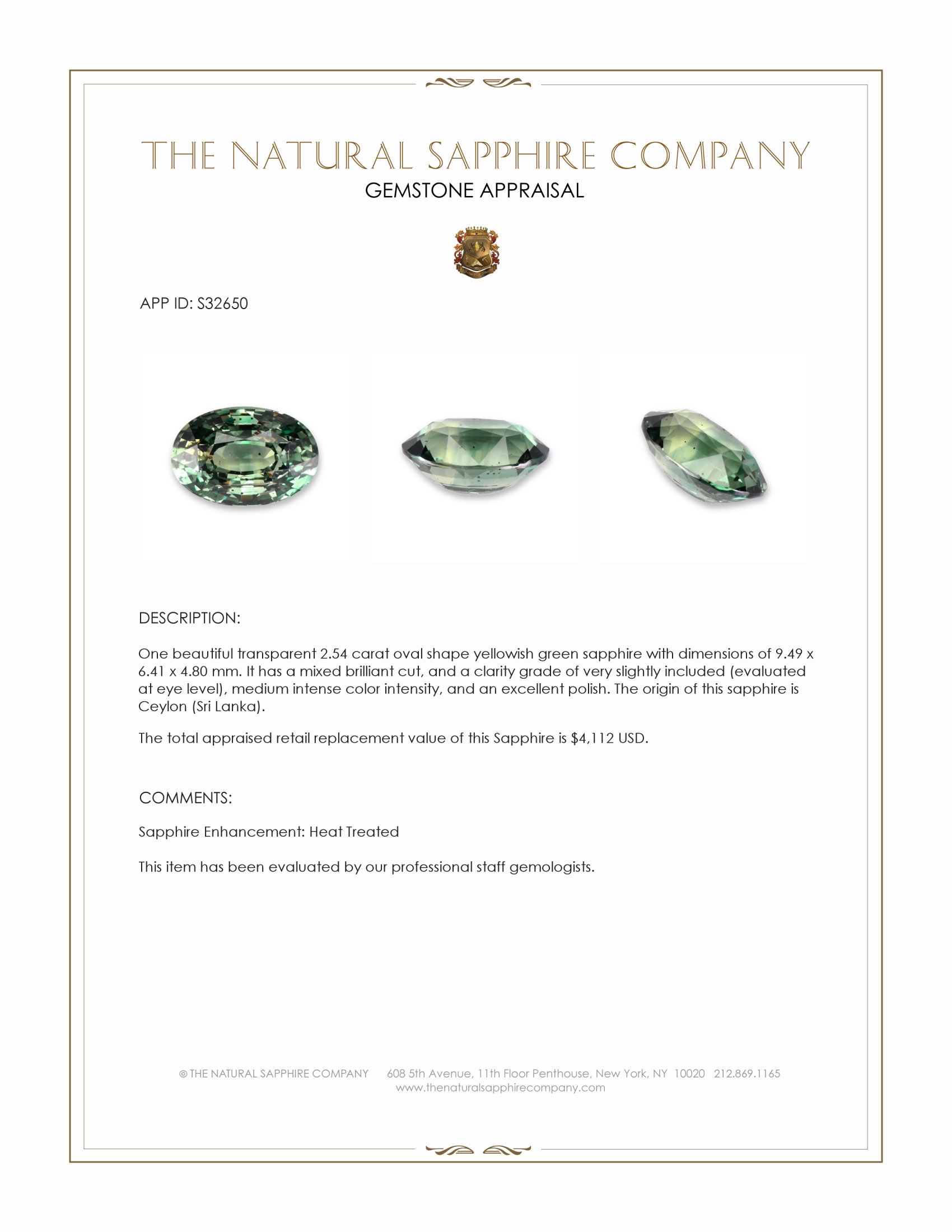 2.54 Ct. Yellowish Green Sapphire from Ceylon (Sri Lanka)