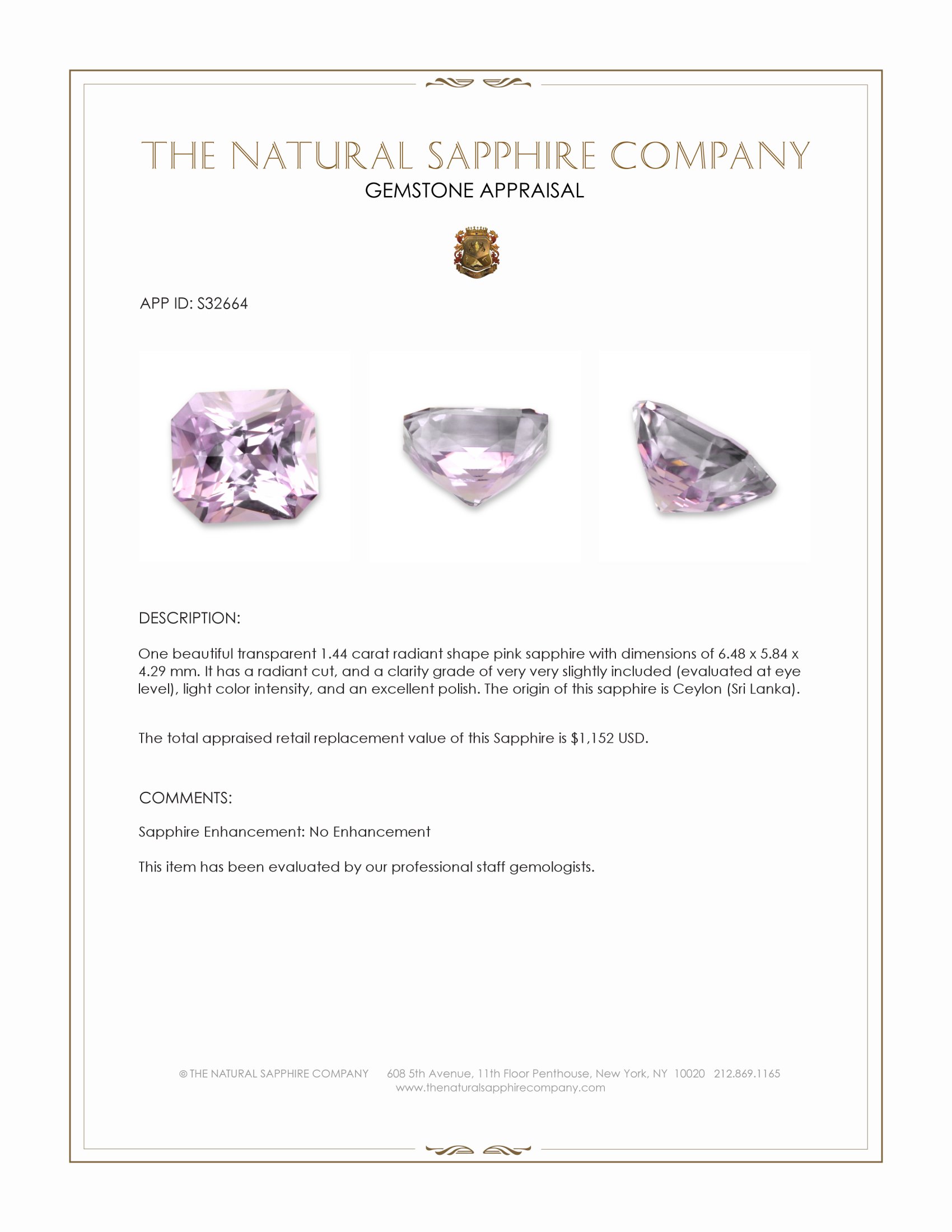 1.44 Ct. Pink Sapphire from Ceylon (Sri Lanka)