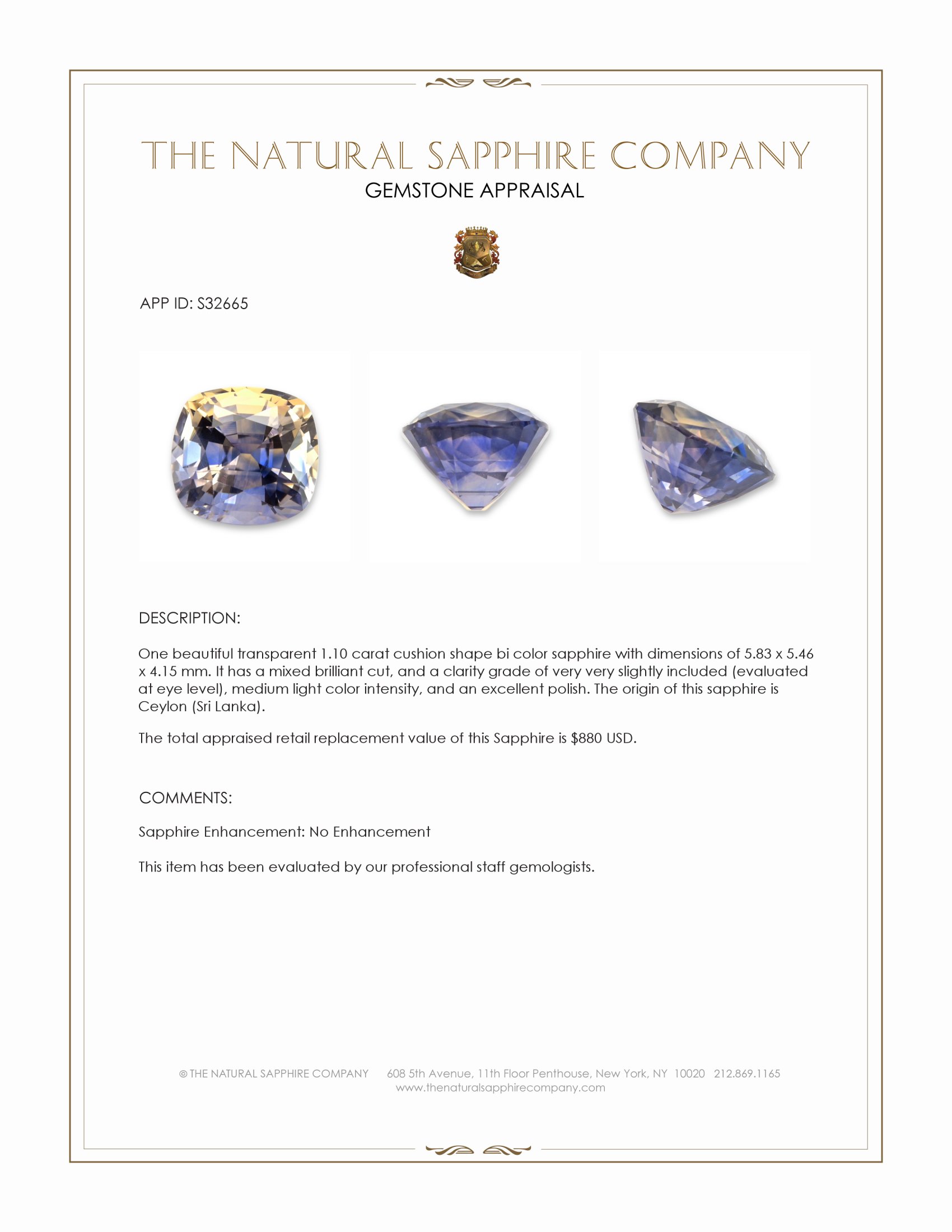 1.10 Ct. Bi Color Sapphire from Ceylon (Sri Lanka)