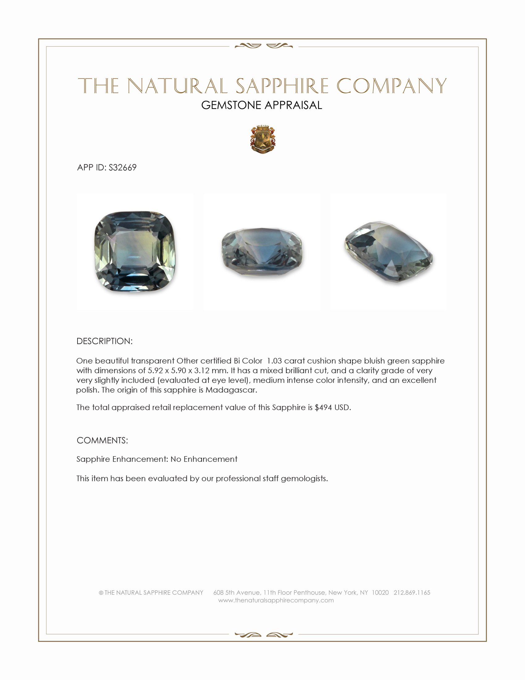 1.03 Ct. Bluish Green Sapphire from Ceylon (Sri Lanka)