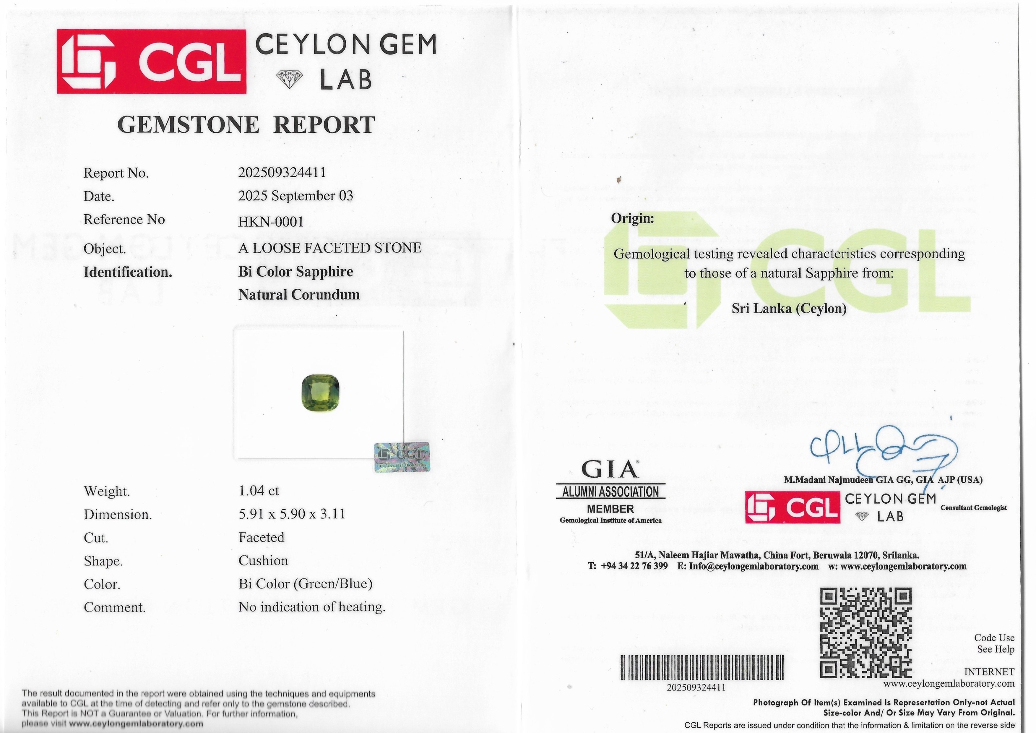 1.03 Ct. Bluish Green Sapphire from Ceylon (Sri Lanka)