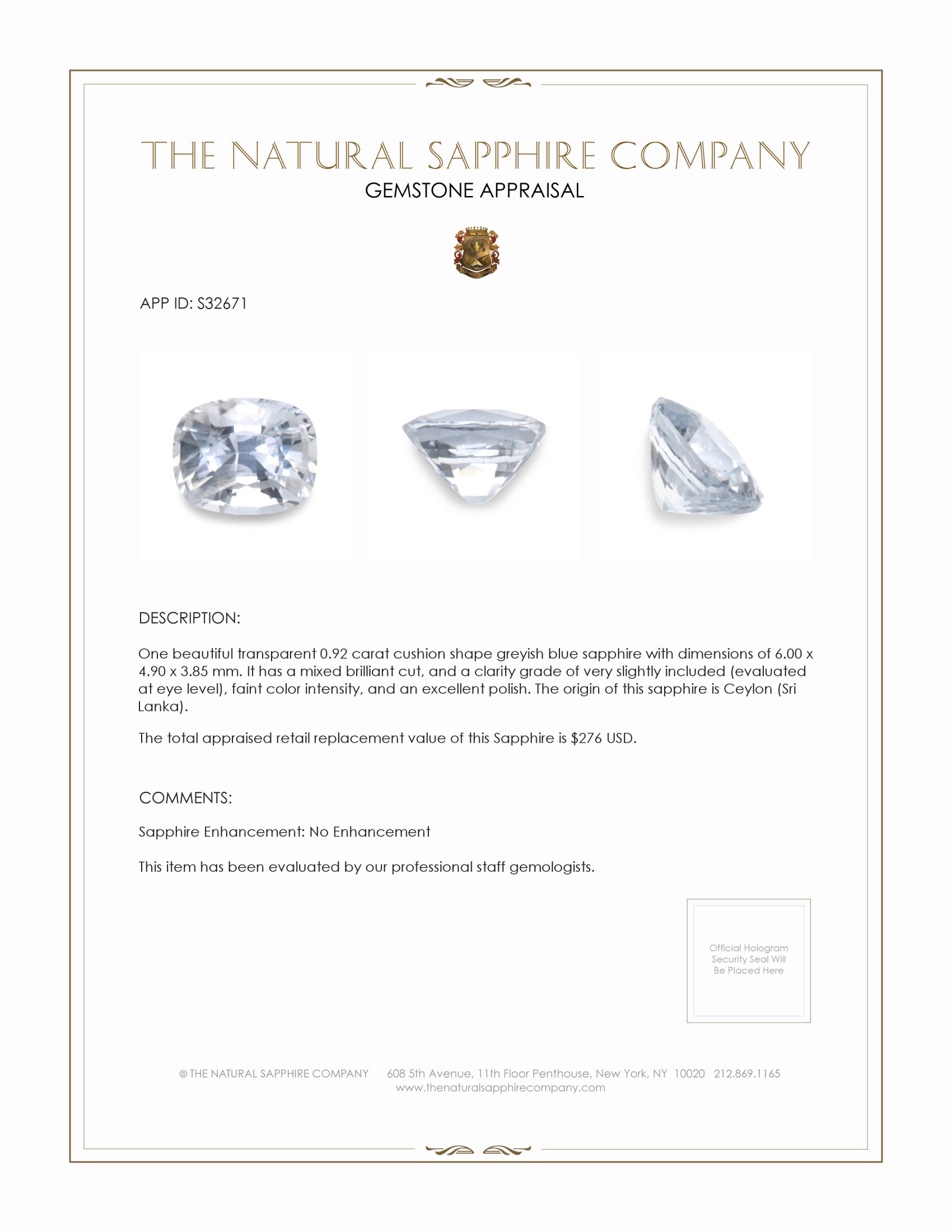 0.92 Ct. Greyish Blue Sapphire from Ceylon (Sri Lanka)