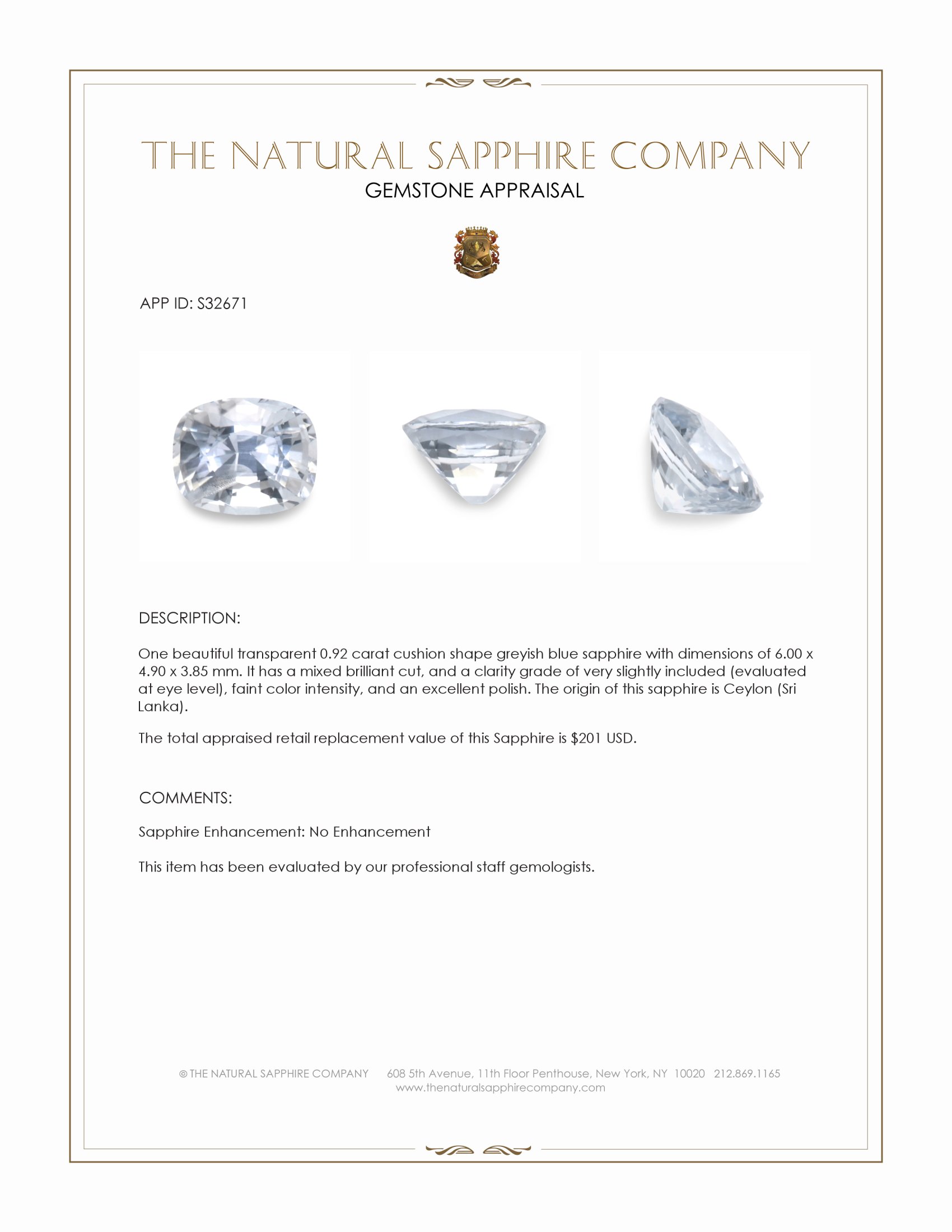 0.92 Ct. Greyish Blue Sapphire from Ceylon (Sri Lanka)
