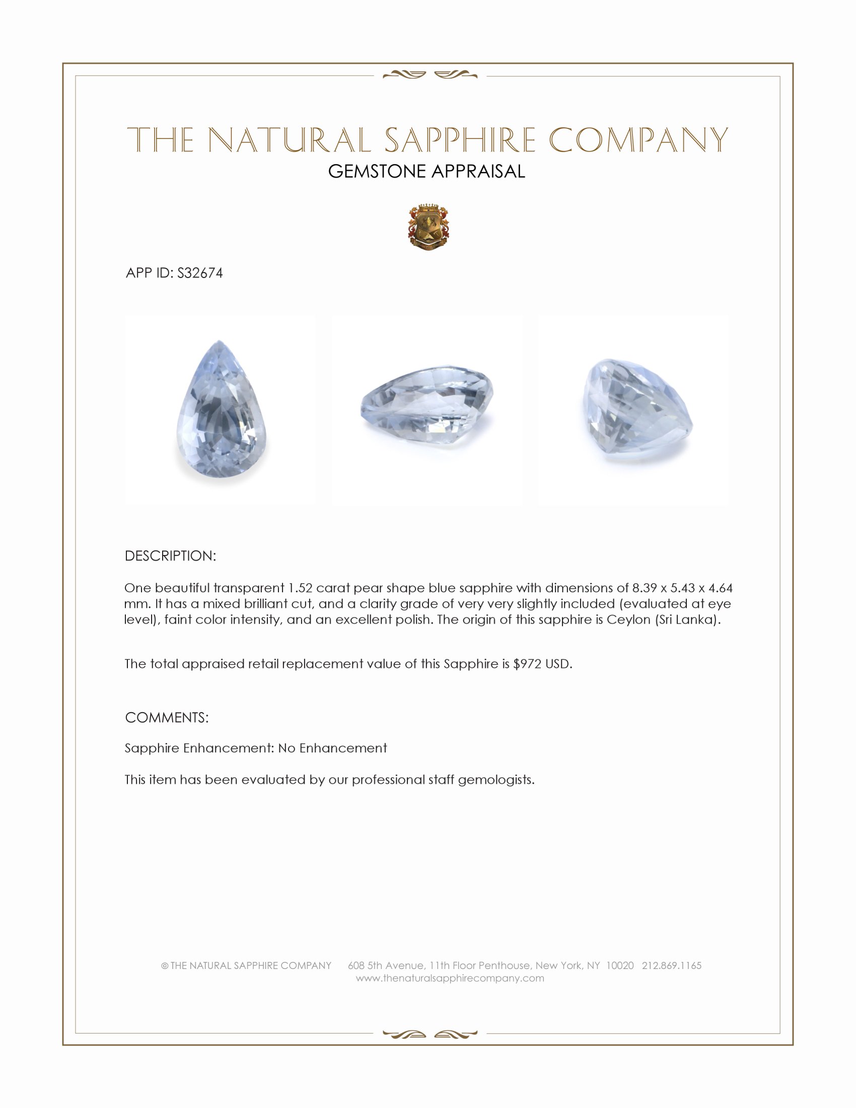 1.52 Ct. Blue Sapphire from Ceylon (Sri Lanka)