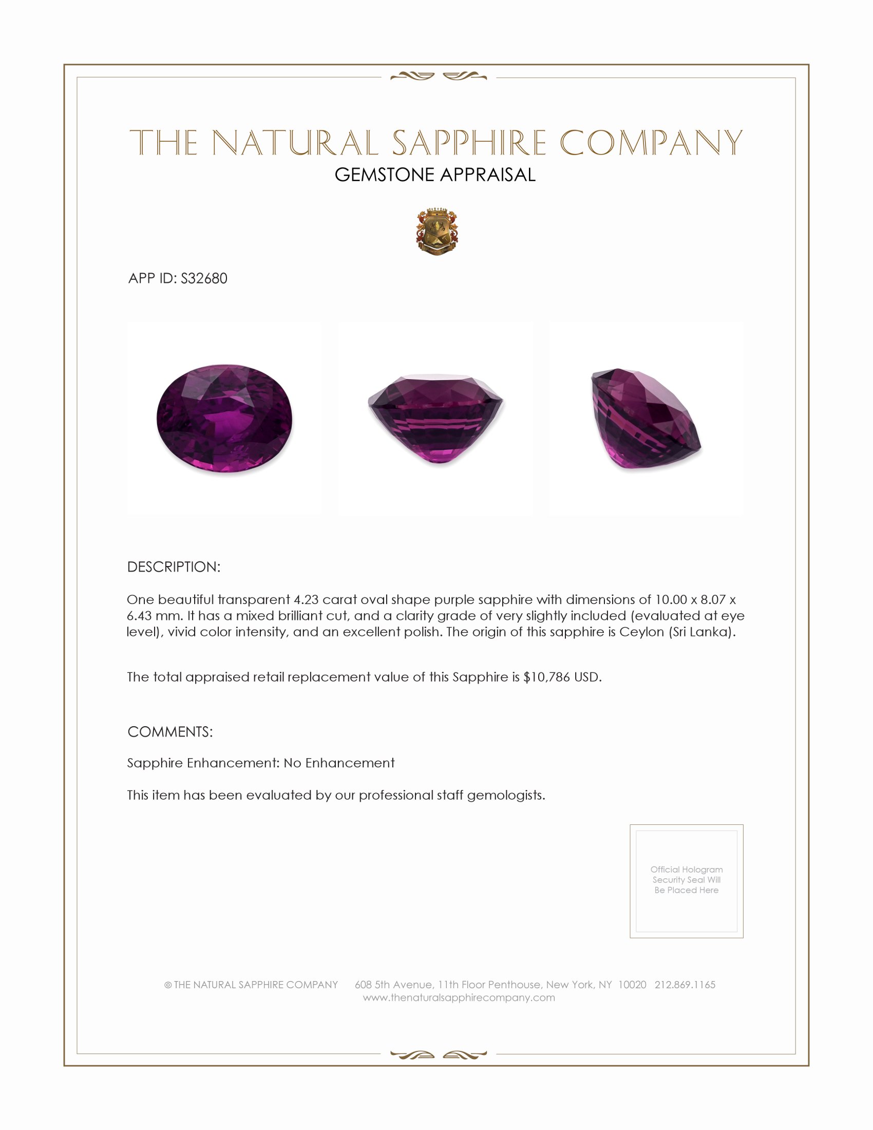 4.23 Ct. Purple Sapphire from Ceylon (Sri Lanka)