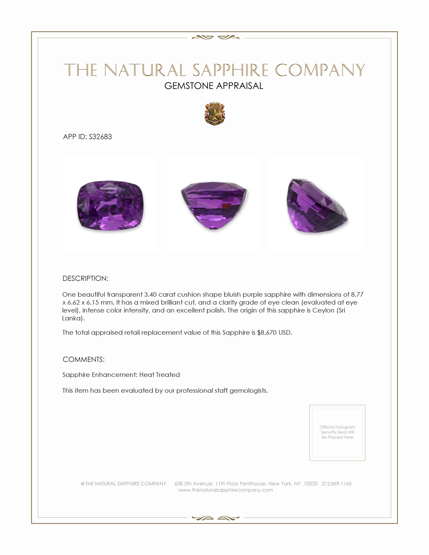 3.40 Ct. Purple Sapphire from Ceylon (Sri Lanka)
