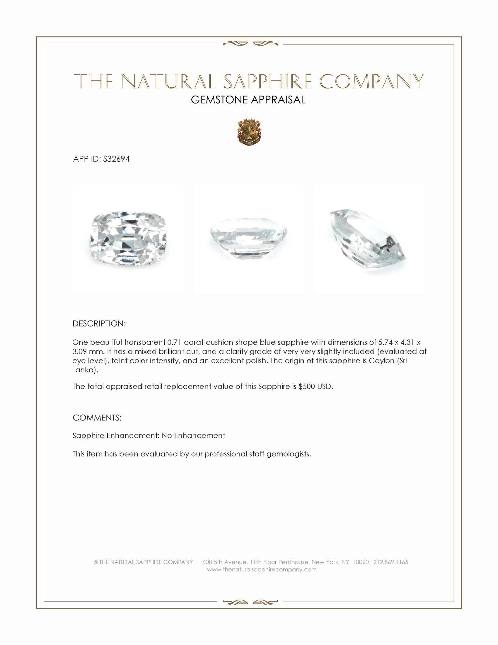 0.71 Ct. Blue Sapphire from Ceylon (Sri Lanka)