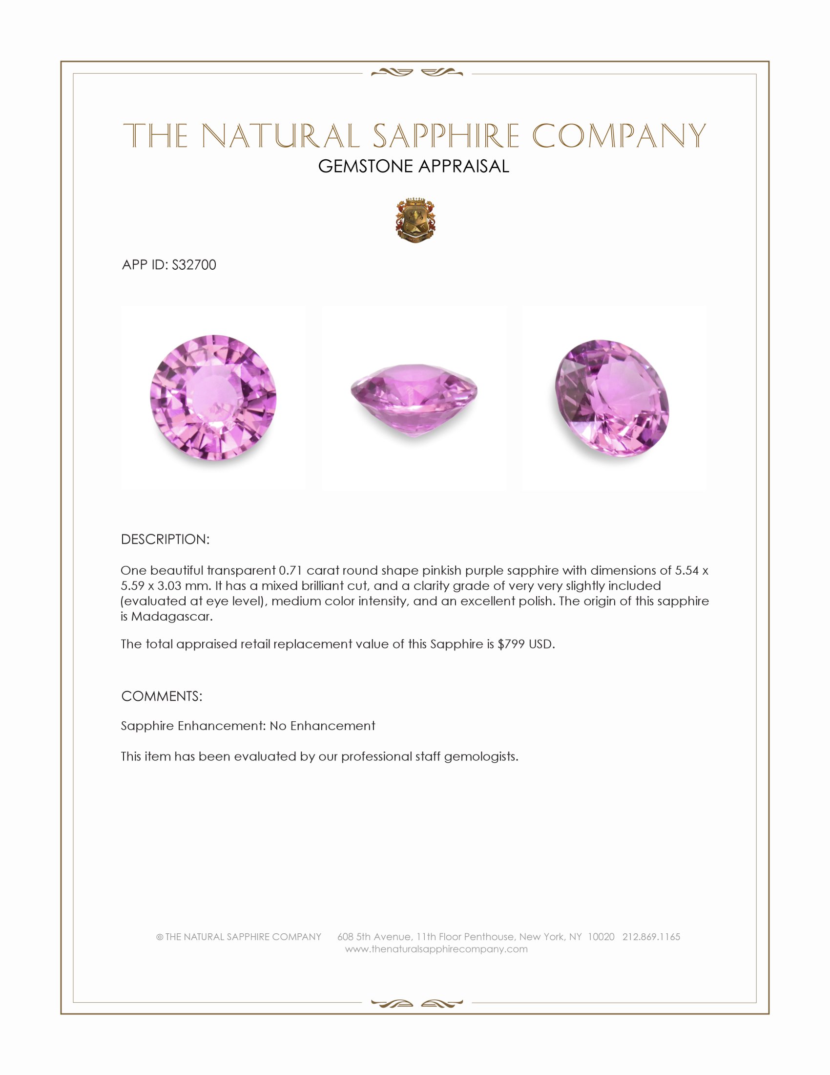 0.71 Ct. Pinkish Purple Sapphire from Madagascar