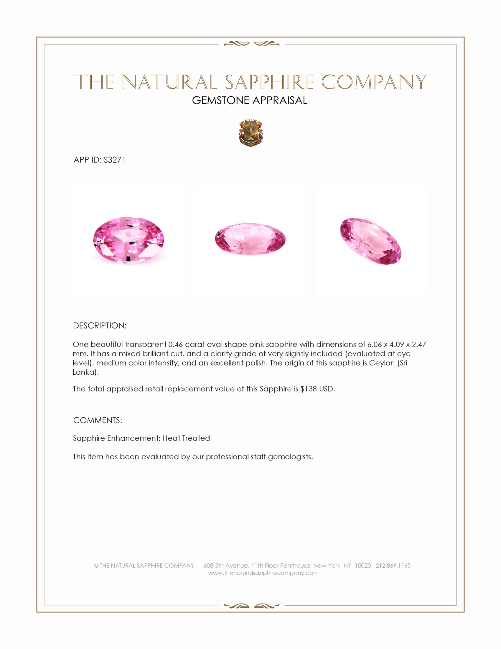 0.46 Ct. Pink Sapphire from Ceylon (Sri Lanka)