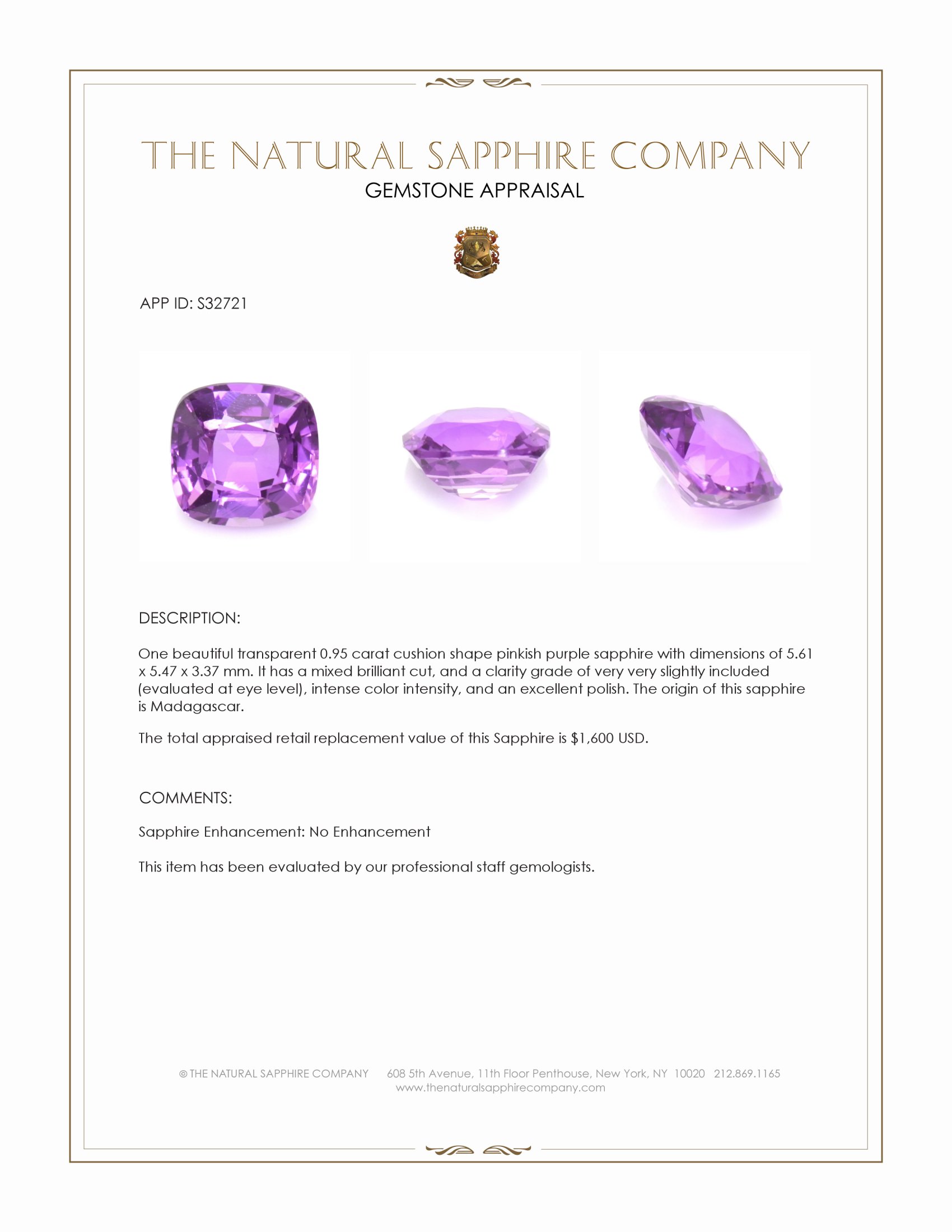 0.95 Ct. Pinkish Purple Sapphire from Madagascar