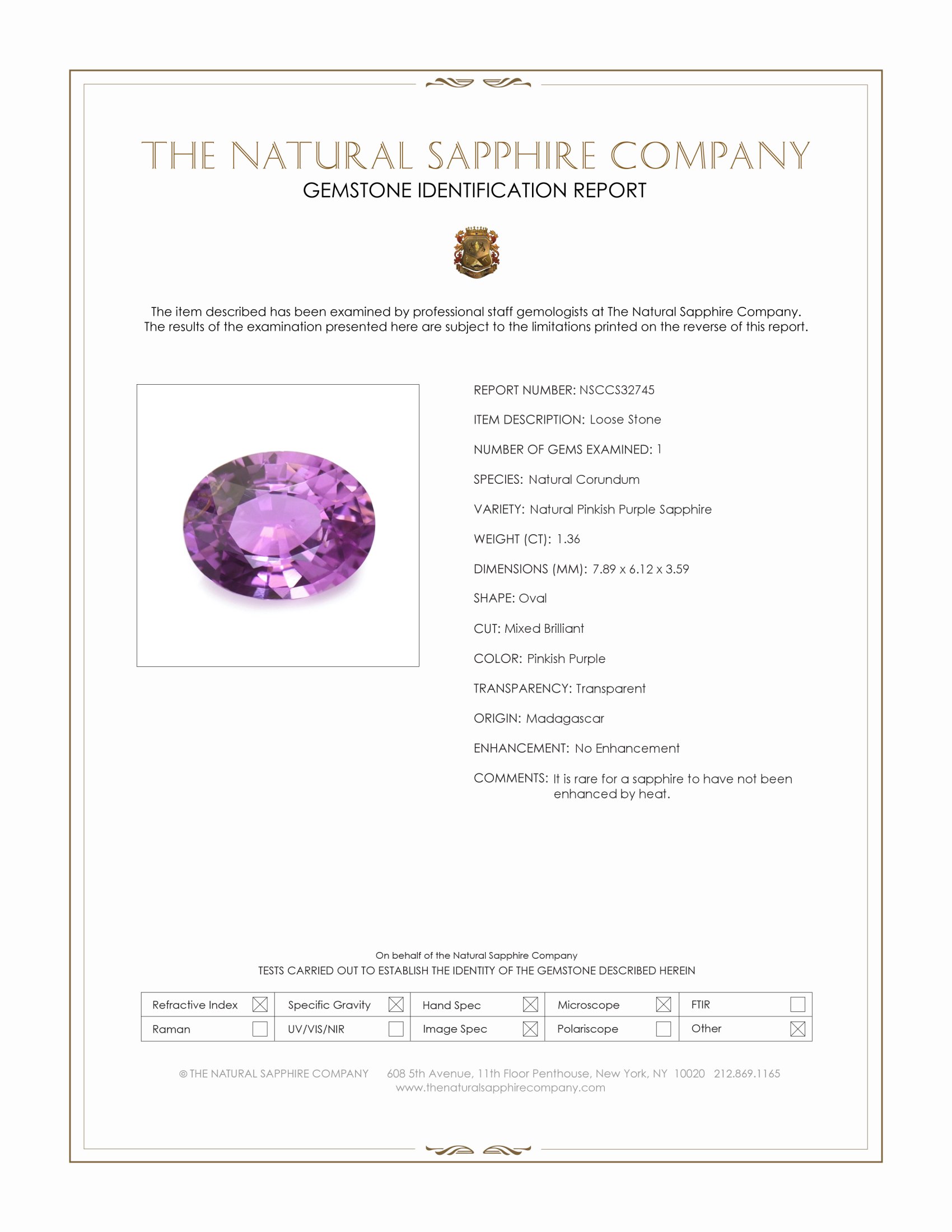 1.36 Ct. Pinkish Purple Sapphire from Madagascar