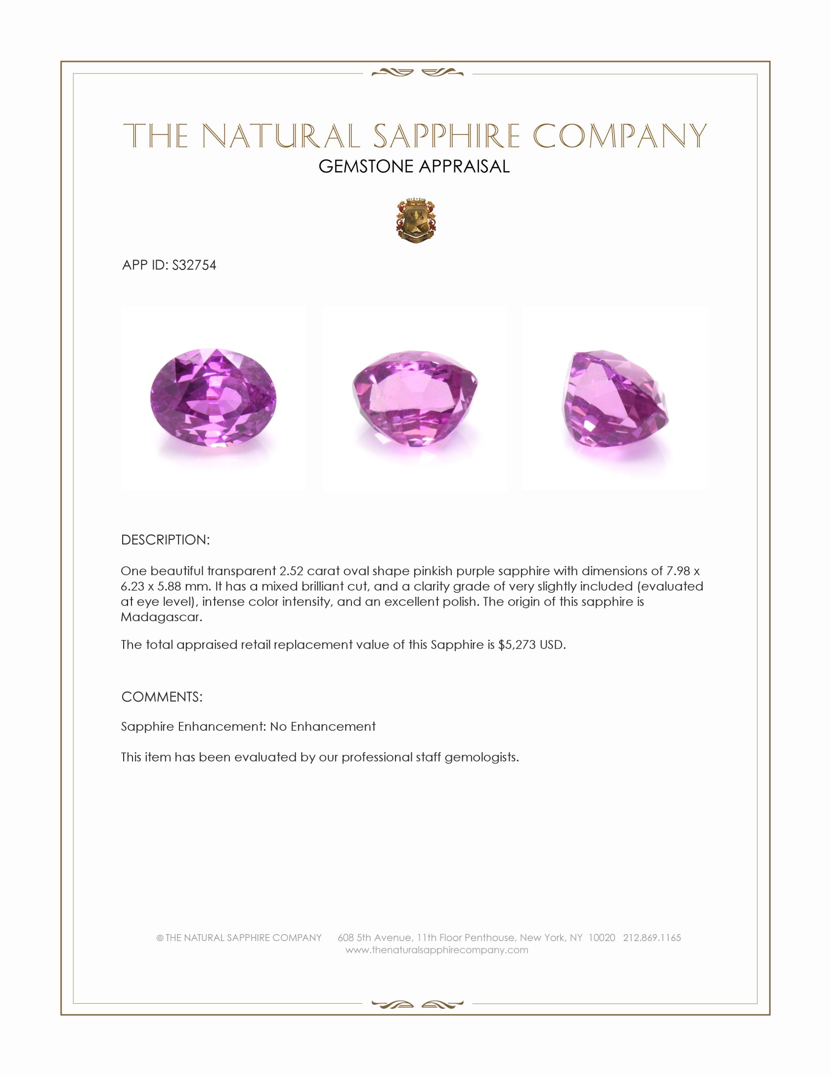 2.52 Ct. Pinkish Purple Sapphire from Madagascar