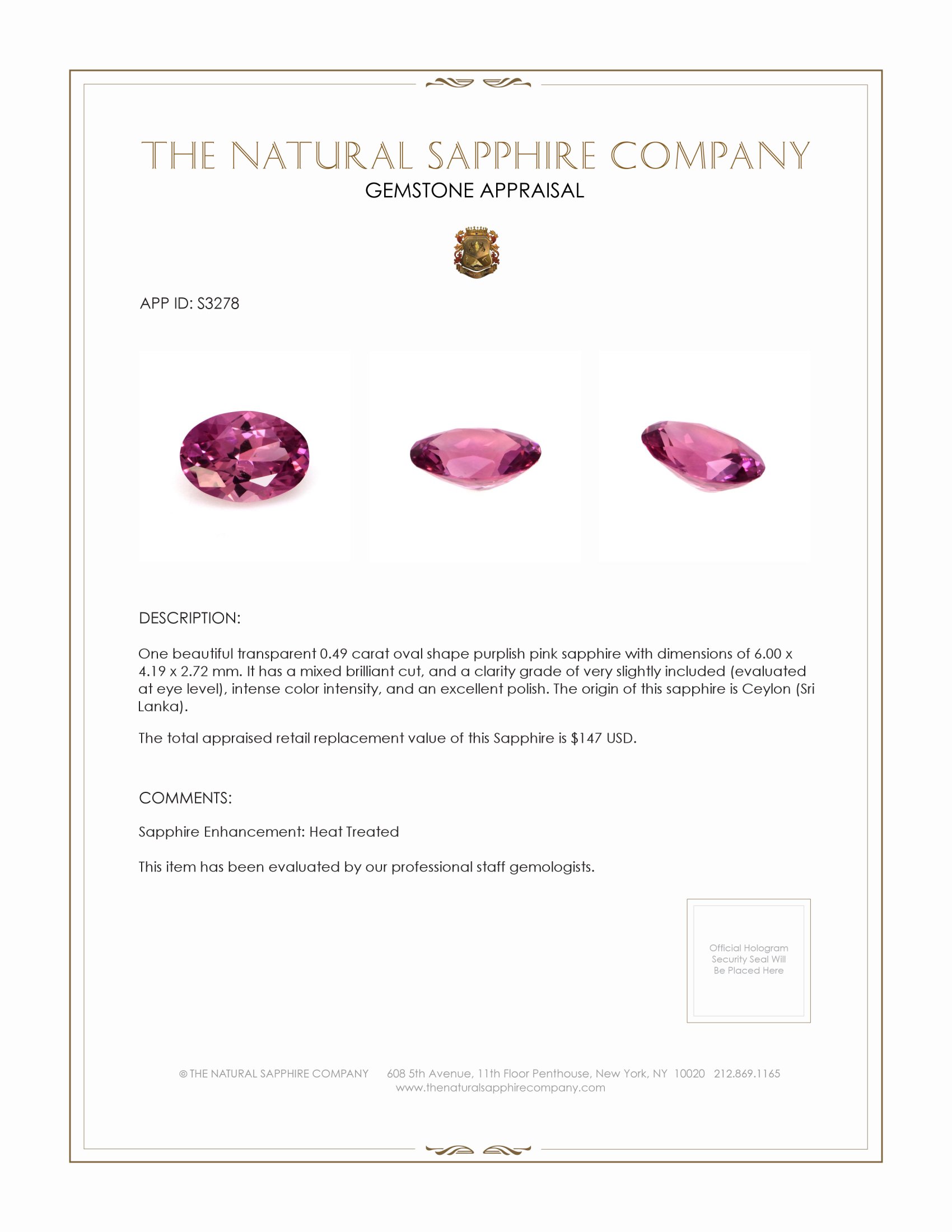 0.49 Ct. Purplish Pink Sapphire from Ceylon (Sri Lanka)