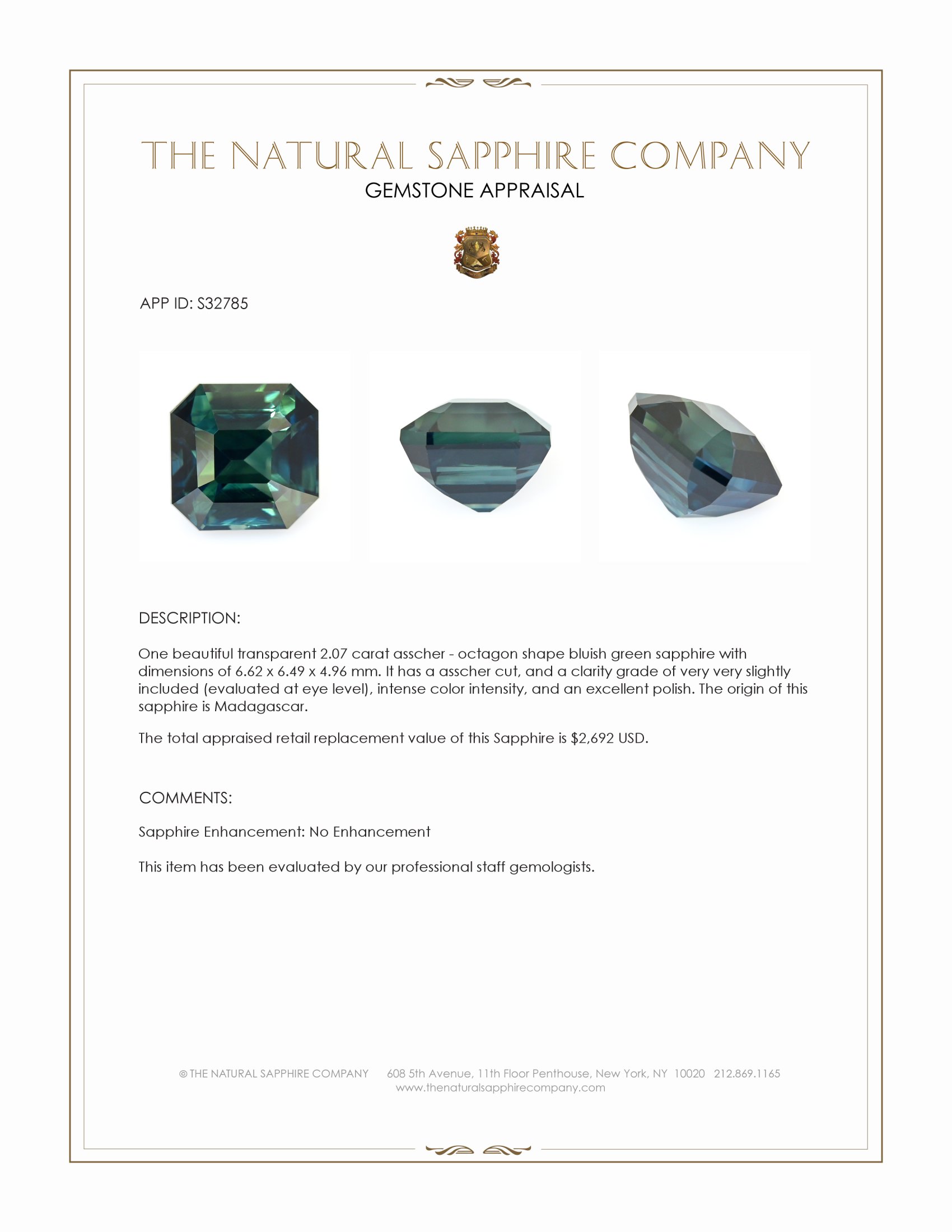 2.07 Ct. Bluish Green Sapphire from Madagascar