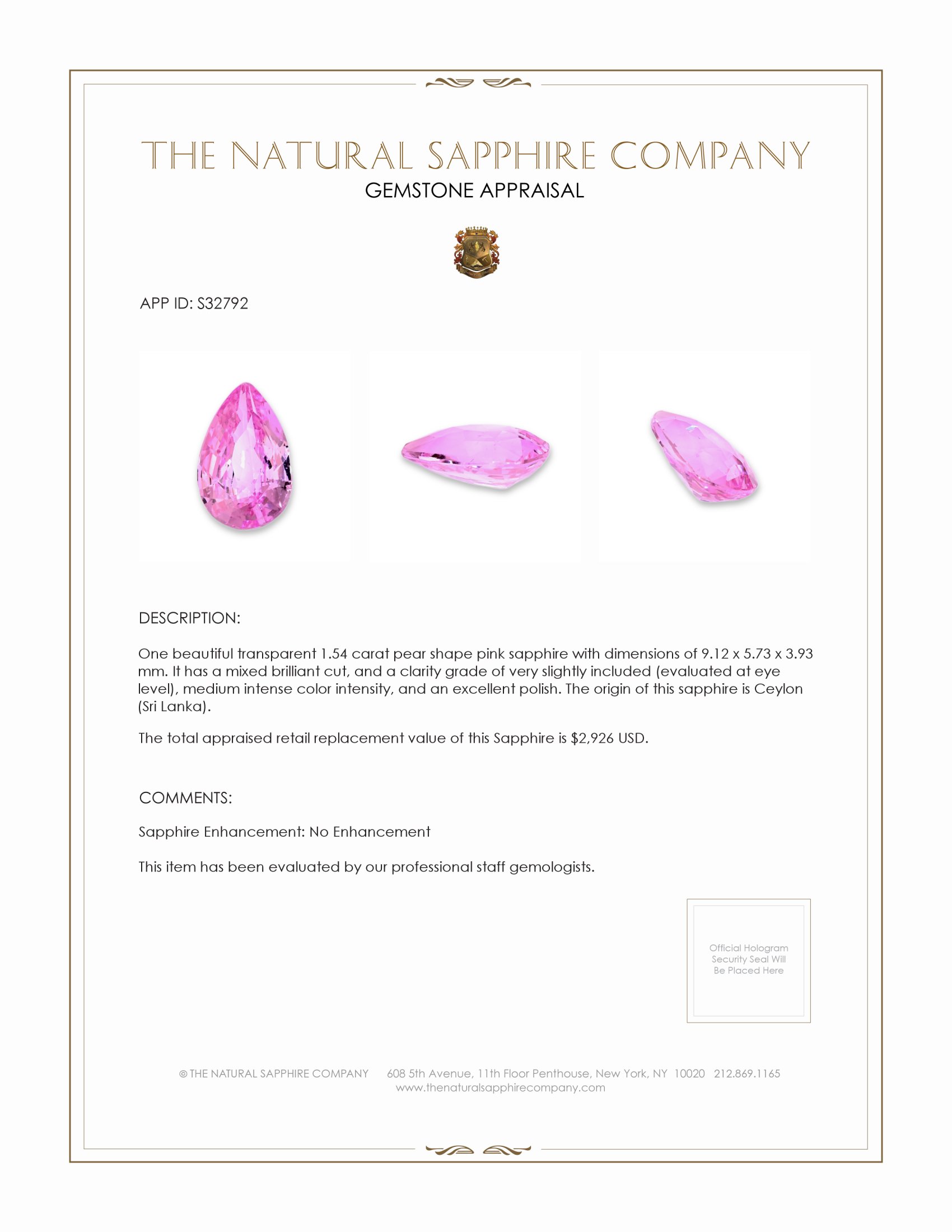 1.54 Ct. Pink Sapphire from Ceylon (Sri Lanka)