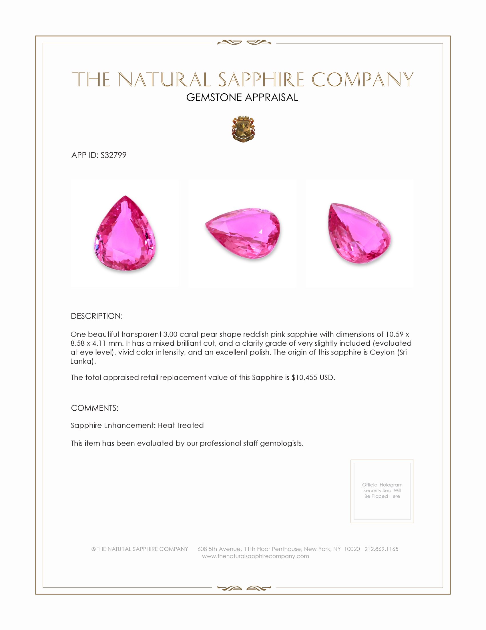 3.00 Ct. Reddish Pink Sapphire from Ceylon (Sri Lanka)