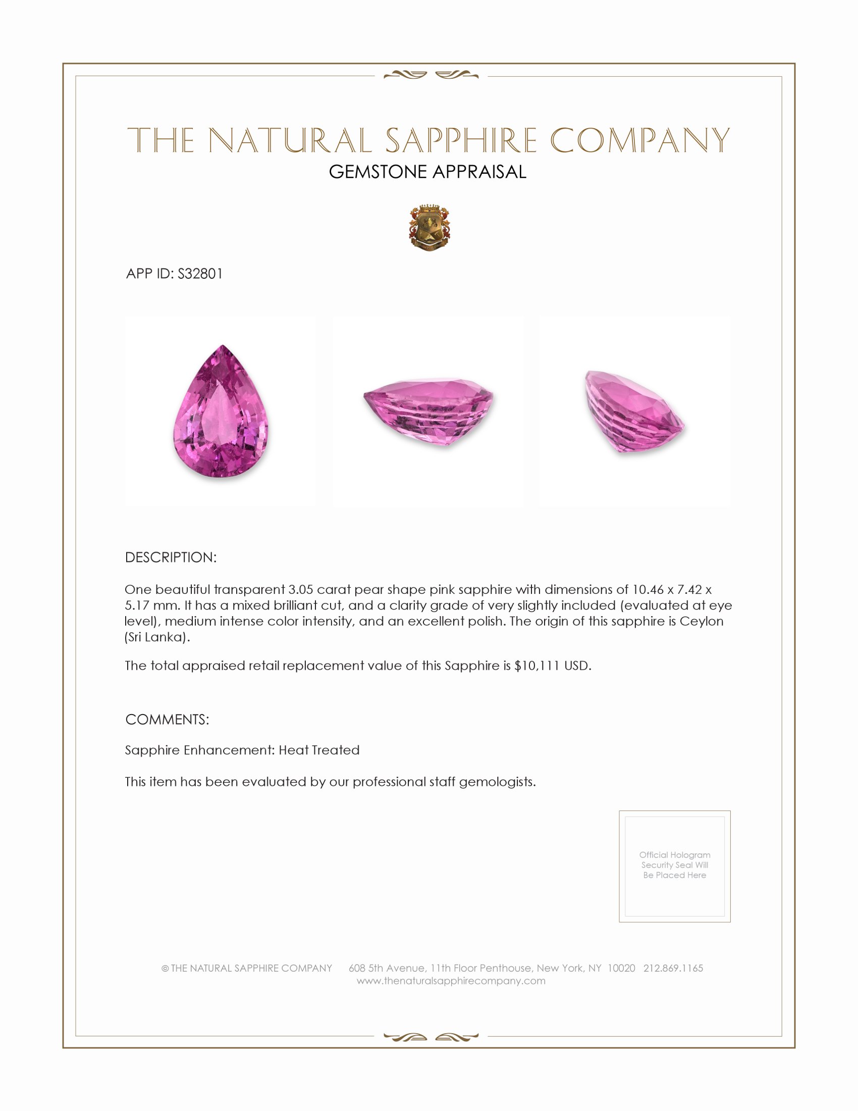 3.05 Ct. Pink Sapphire from Ceylon (Sri Lanka)