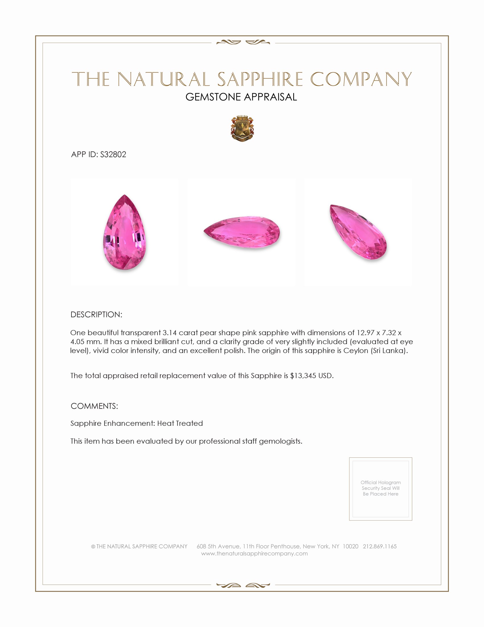 3.14 Ct. Pink Sapphire from Ceylon (Sri Lanka)