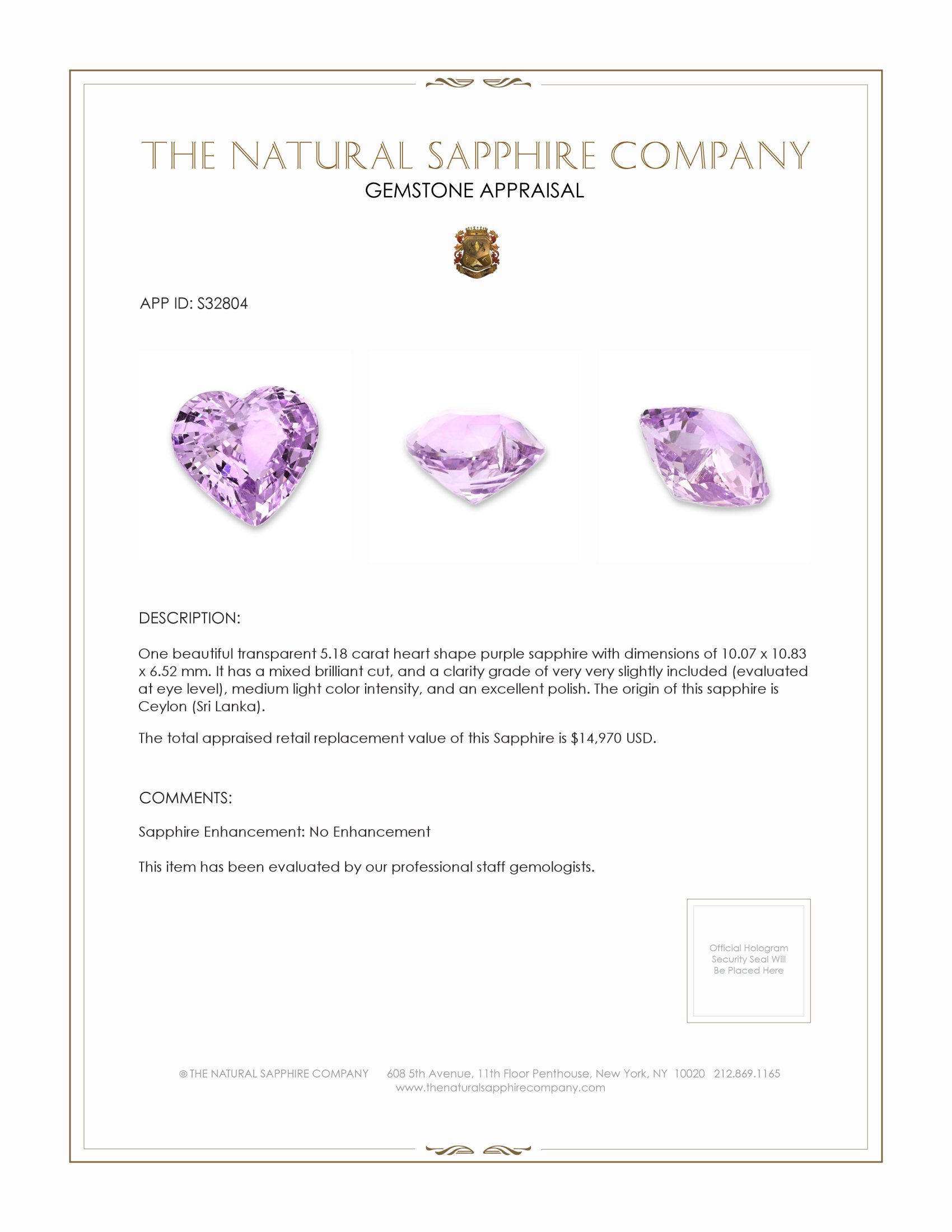 5.18 Ct. Purple Sapphire from Ceylon (Sri Lanka)