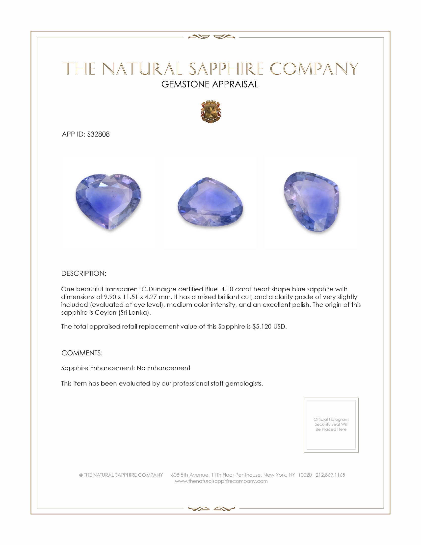 4.10 Ct. Blue Sapphire from Ceylon (Sri Lanka)