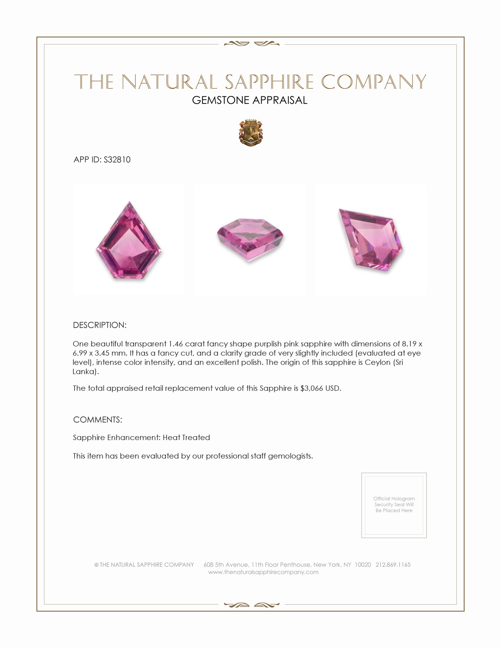 1.46 Ct. Purplish Pink Sapphire from Ceylon (Sri Lanka)