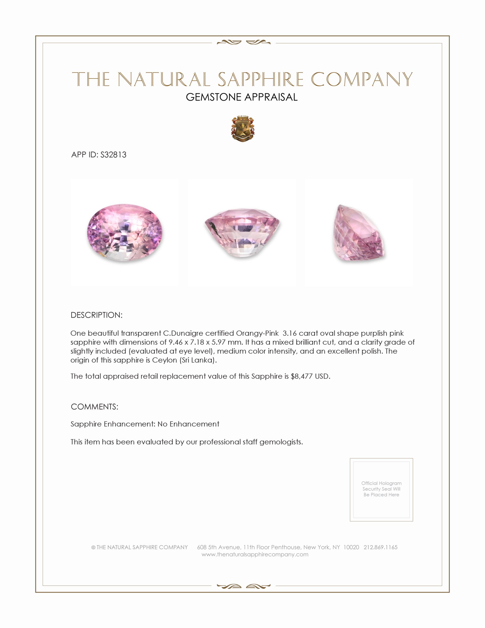 3.16 Ct. Purplish Pink Sapphire from Ceylon (Sri Lanka)