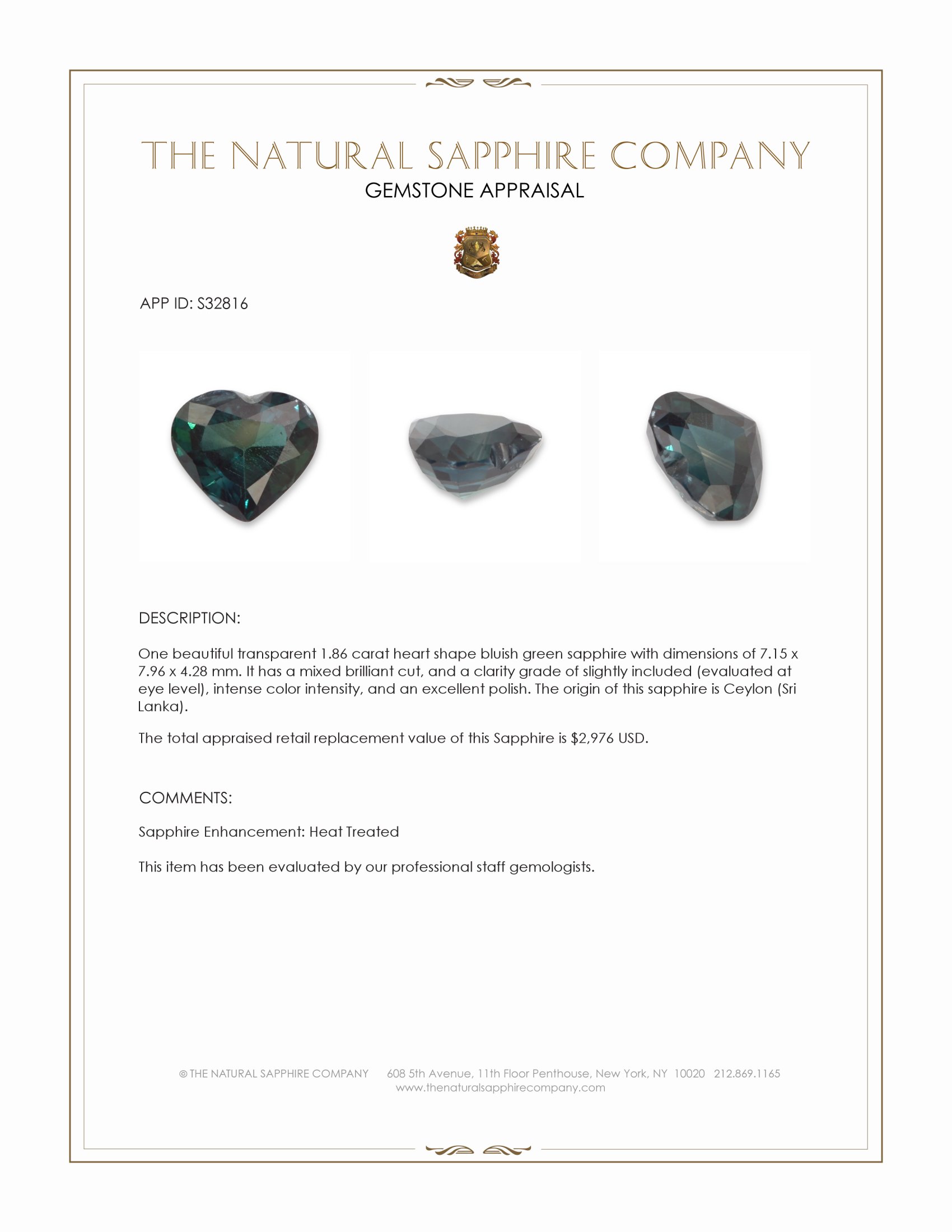 1.86 Ct. Bluish Green Sapphire from Ceylon (Sri Lanka)