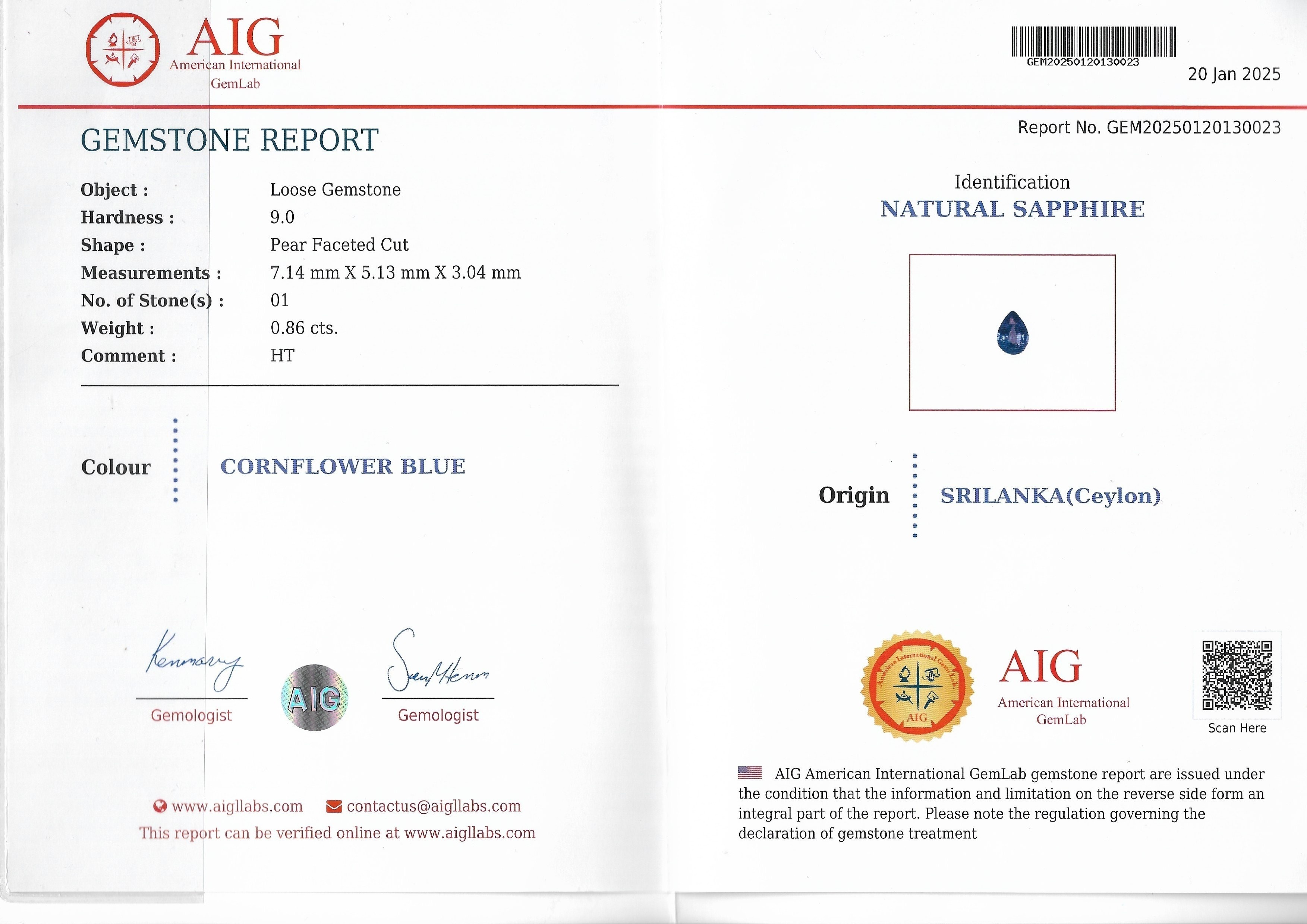 0.86 Ct. Blue Sapphire from Ceylon (Sri Lanka)