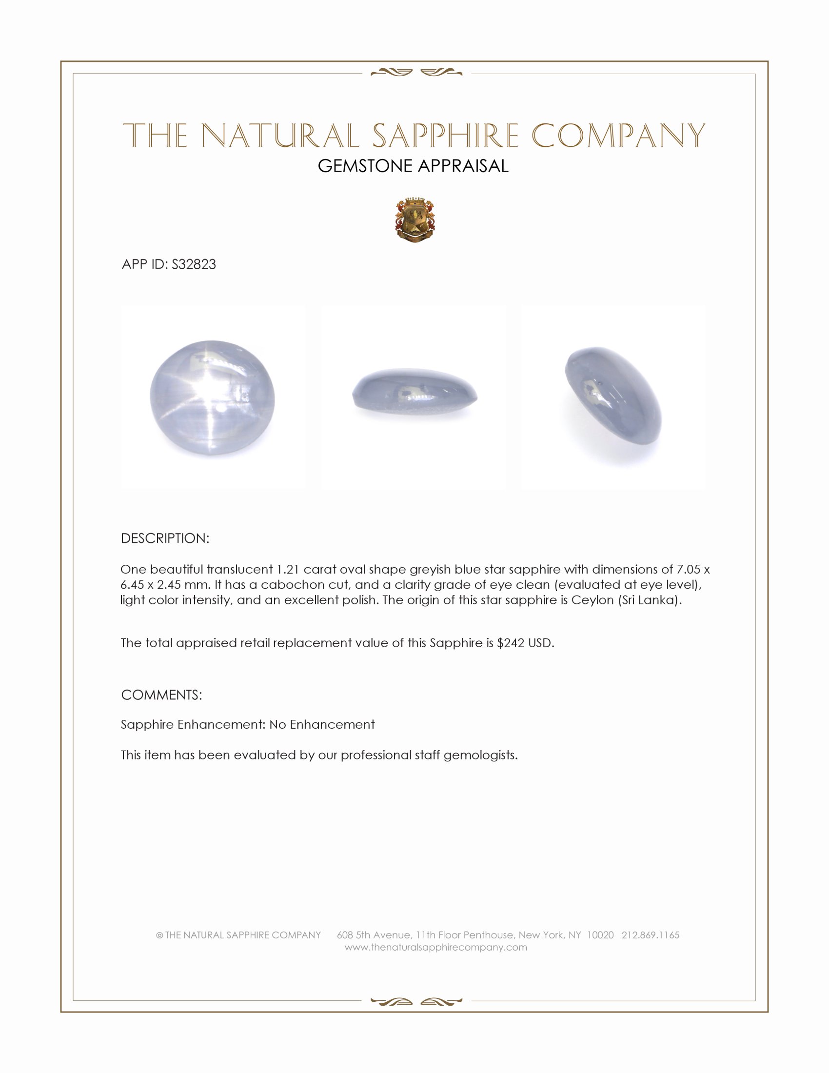 1.21 Ct. Greyish Blue Star Sapphire from Ceylon (Sri Lanka)