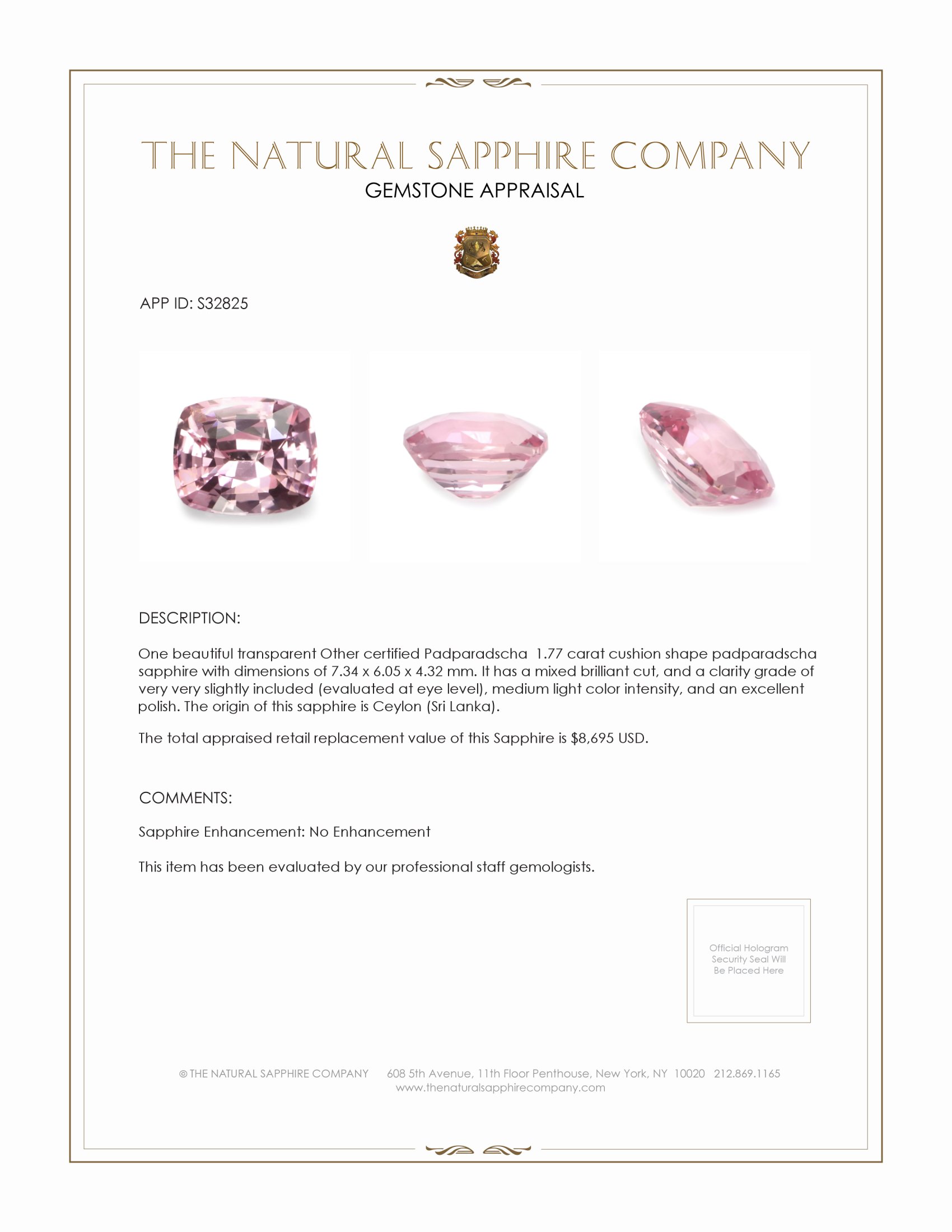 1.77 Ct. Padparadscha Sapphire from Ceylon (Sri Lanka)