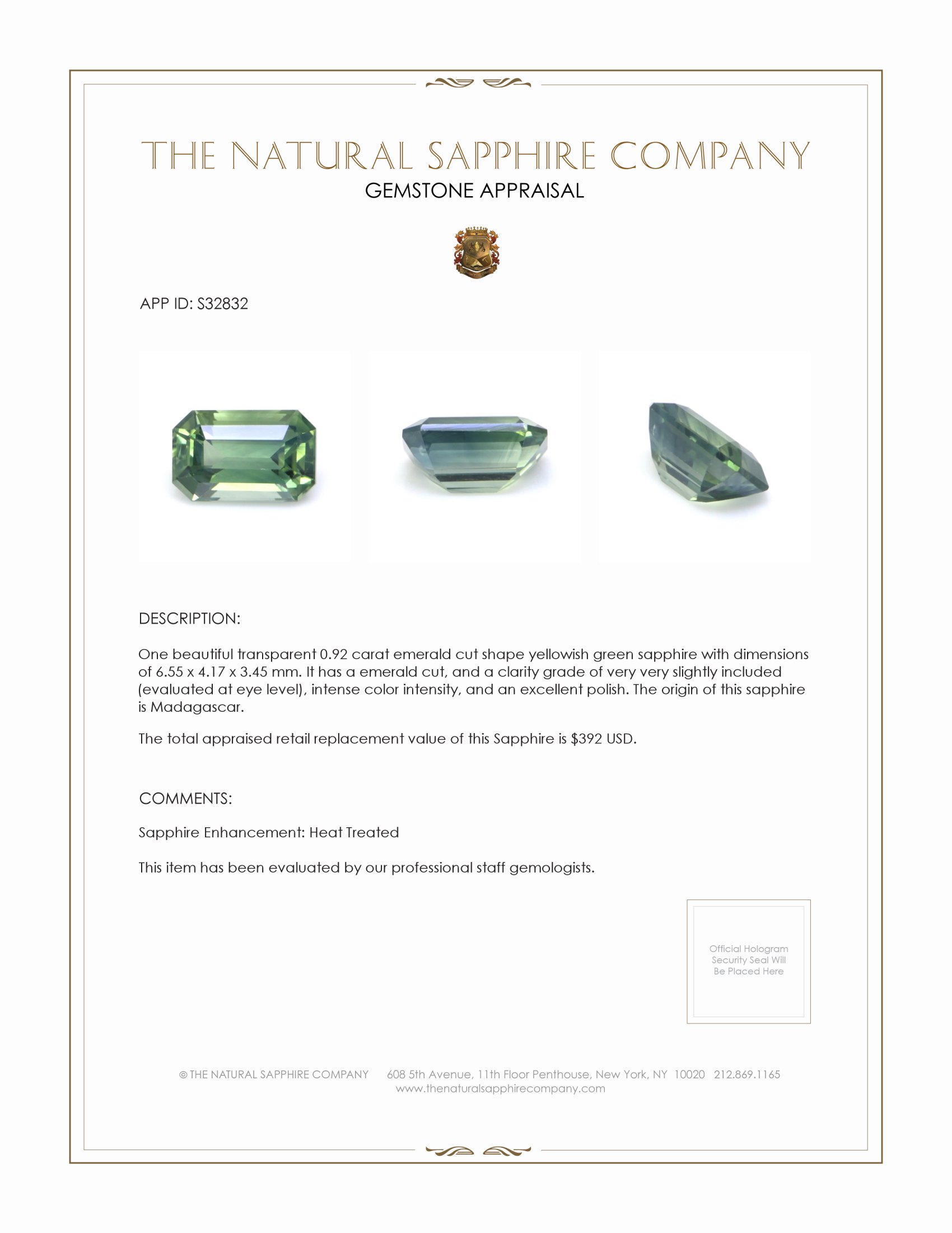 0.92 Ct. Yellowish Green Sapphire from Madagascar