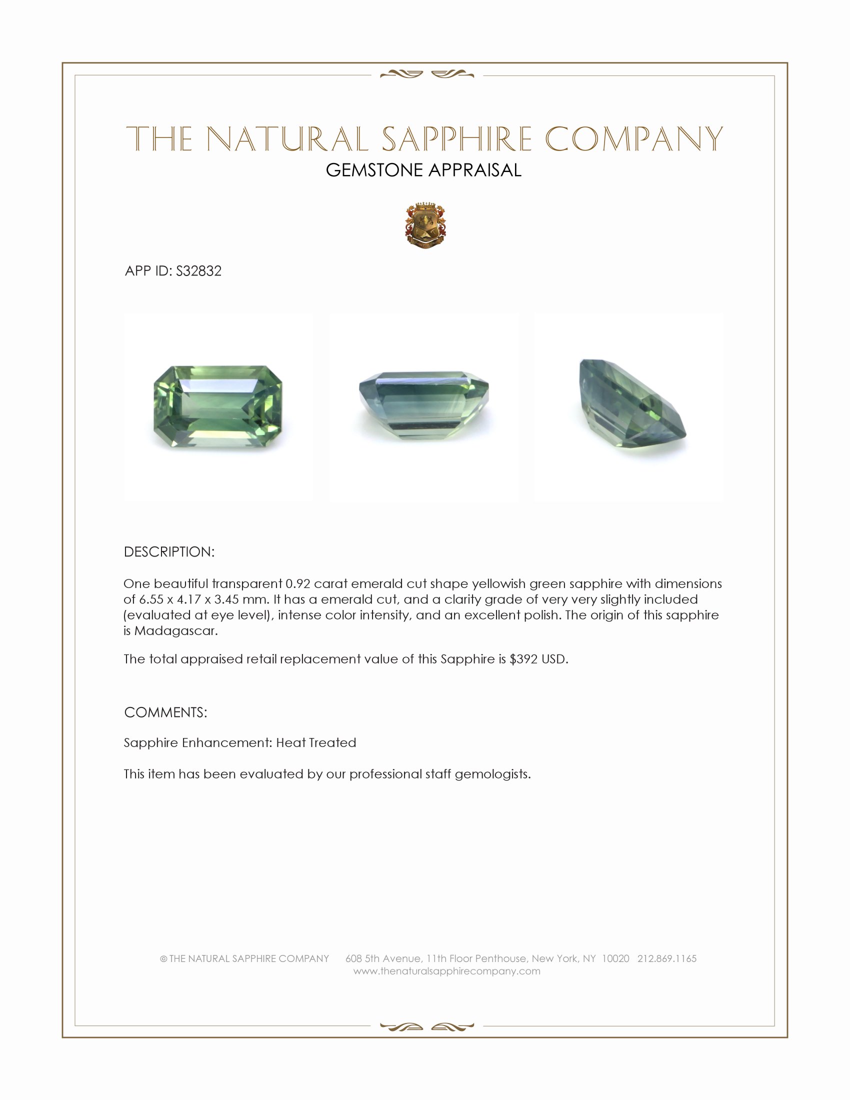 0.92 Ct. Yellowish Green Sapphire from Madagascar