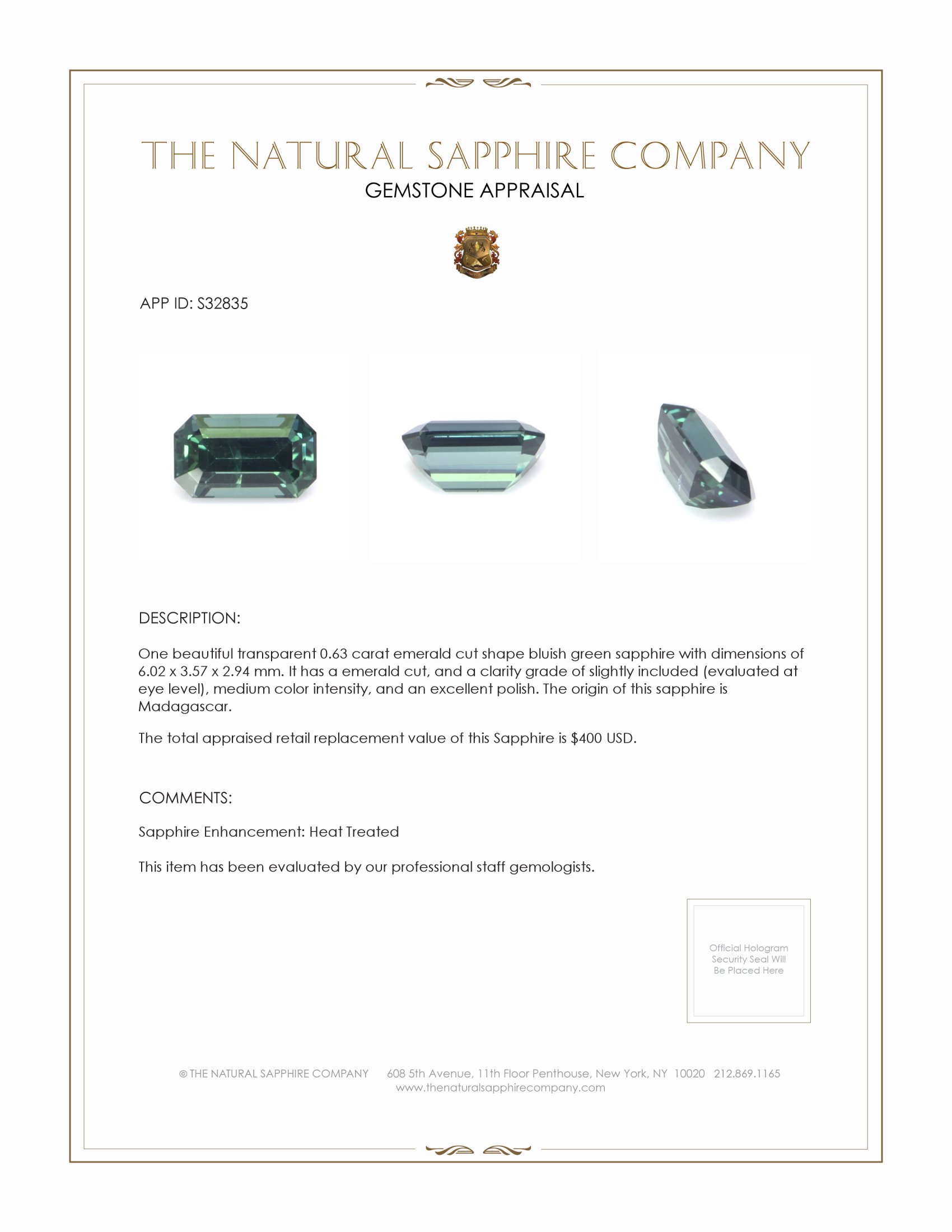 0.63 Ct. Bluish Green Sapphire from Madagascar